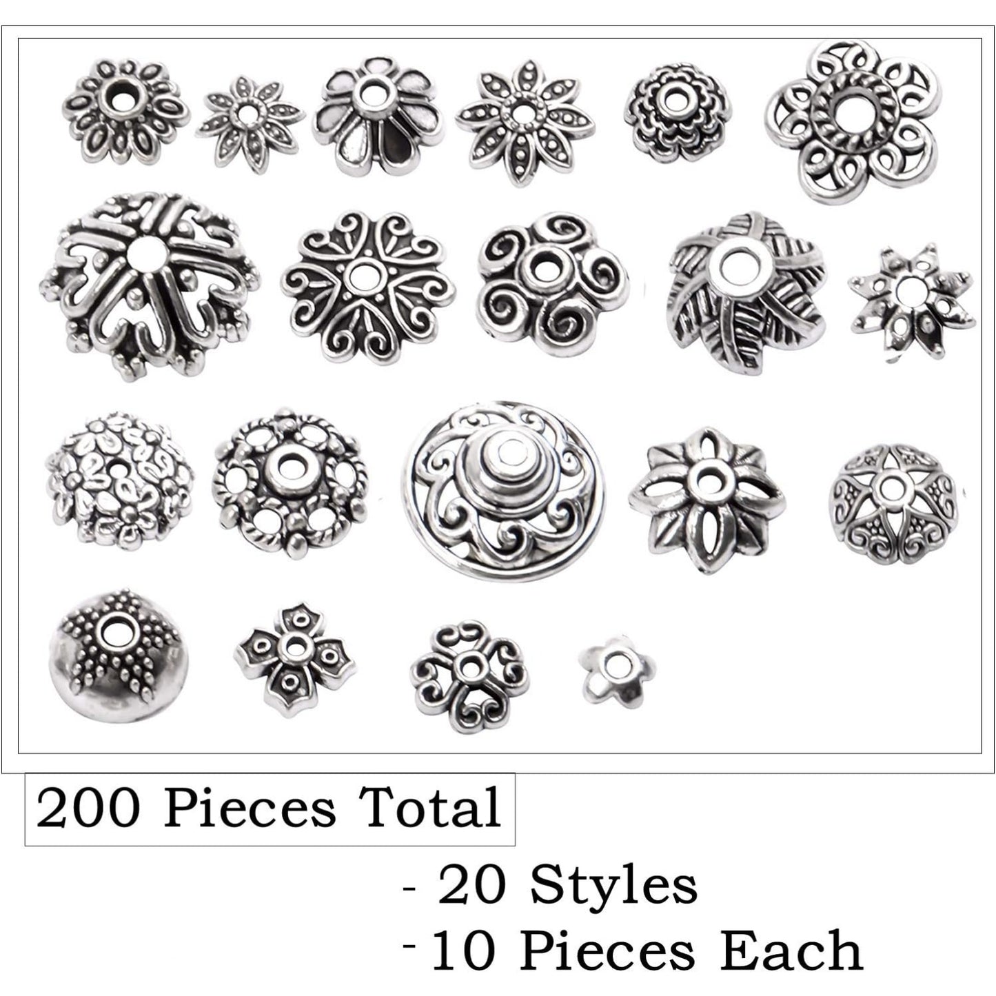 200pcs Tibetan Silver Flower Bead Caps Bead Caps Spacer Beads Bali Style Jewelry Findings for Necklace Bracelet,20 Styles