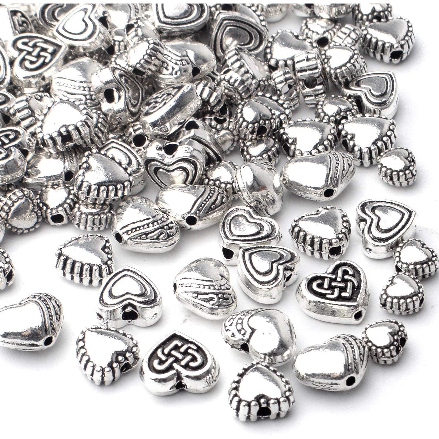 140pcs Antique Silver Heart Shape Spacers Alloy European Style Heart Beads Charms Spacer Bead Jewelry Heart Charms for DIY Bracelet Jewelry Making, 5 Sizes