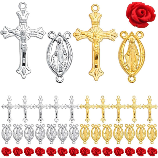 100pcs Rosary Cross and Center Charms 8mm Cinnabar Carved Red Rose Flower Beads Crucifix Cross Centerpiece Jesus Maria Medal Pendant Kit for Rosary Bracelet Necklace Jewelry Making