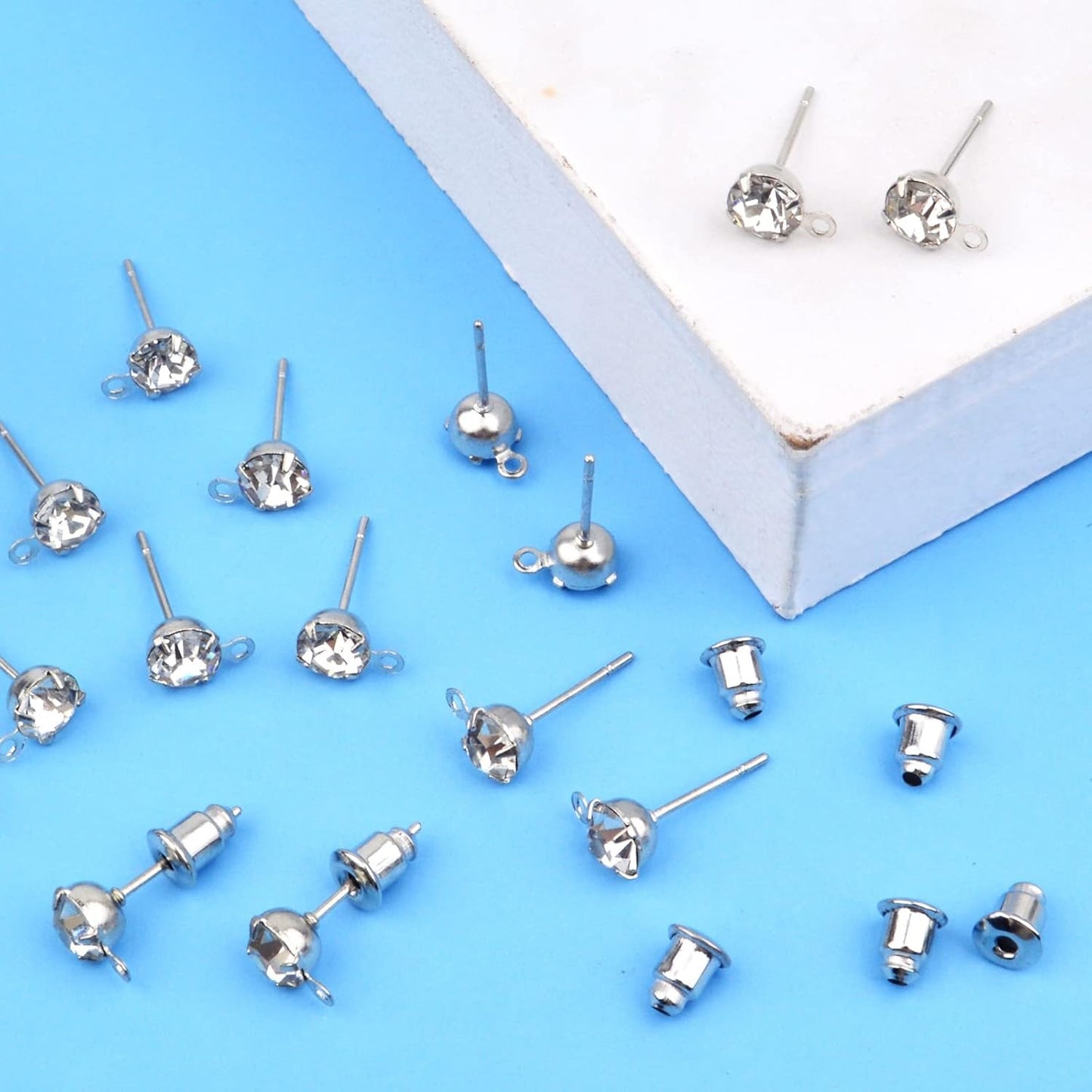 50pcs Rhinestone Stud Earrings Crystal Earring Posts with Loop Hole and 50pcs Bullet Earring Backs Jewelry Findings for Birthday Party Gifts Crafts Decor
