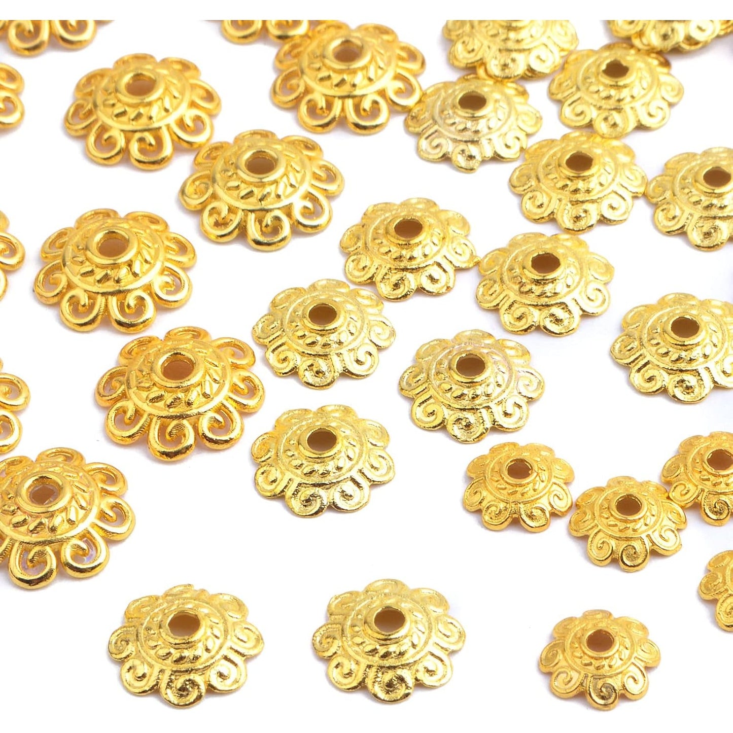 200pcs 8mm/10mm/12mm Tibetan Bead Caps Vintage Alloy Flower Bead End Caps Loose Spacer Beads Accessories for DIY Crafts Bracelet Necklace Jewelry Making, Bright Golden