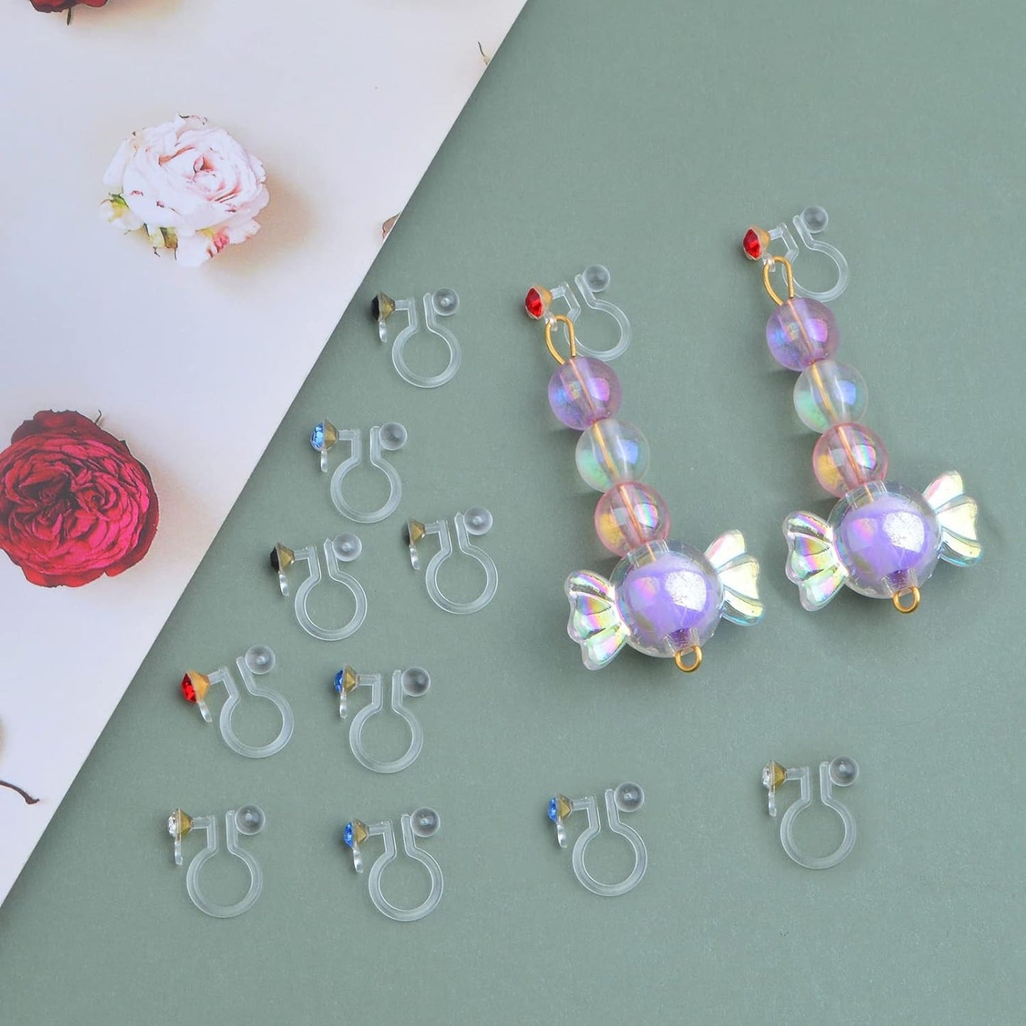 24pcs Clear Plastic Earring Clips Painless Resin Clip-on Earring Converter Components with Rhinestone for Non-Pierced Ears DIY Earrings Making Findings, 11 mm x 9.5 mm