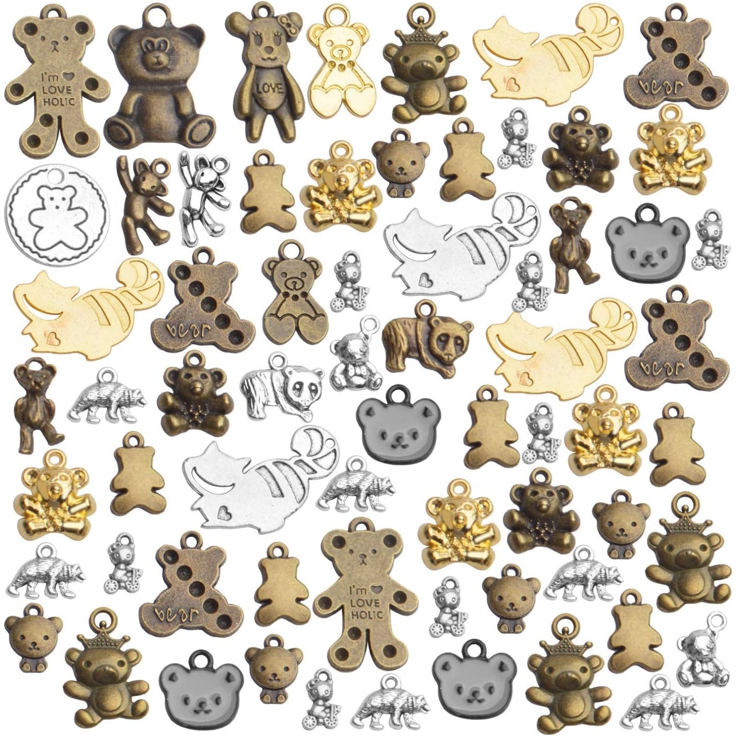 Bear Pendant Charms, 100g(About30-60pcs) Mixed Smooth Metal Alloy Bear Pendant Charms Lovely Teddy Bear Charm Necklace Bracelet Accessory for DIY Fashion Jewelry Making