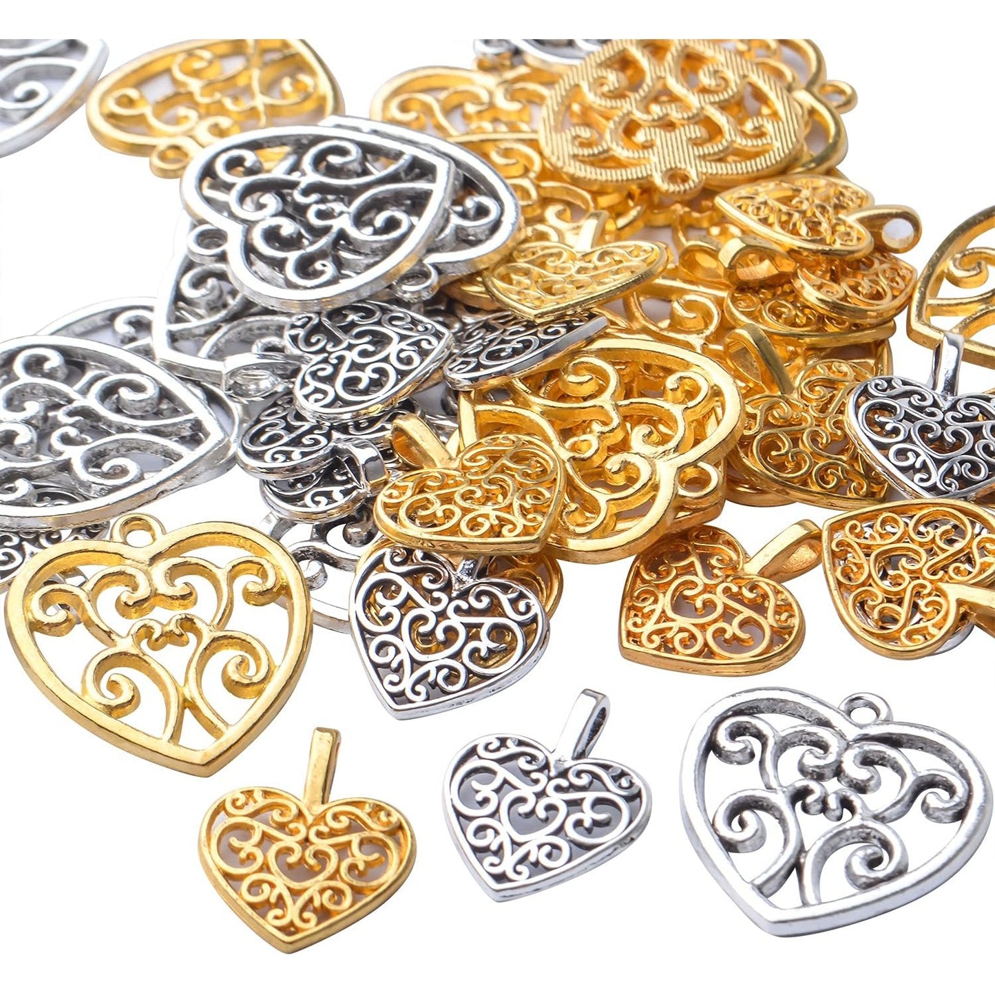 60pcs Heart Charms Tibetan Alloy Filigree Hollow Heart Love Charm Pendants for DIY Earring Bracelet Jewelry Crafts Making,2 Styles