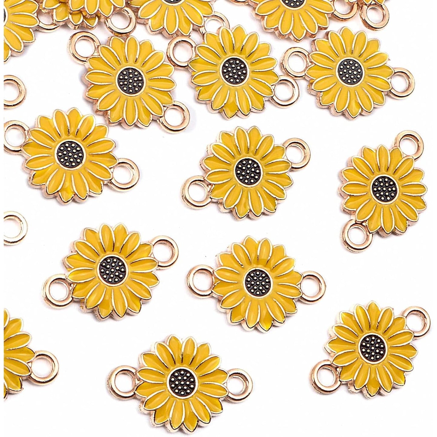 30pcs Enamel Flower Charms Connectors Links Yellow Alloy Floral Sunflower Daisy Flower Dangle Pendants with Double Loops for DIY Bracelet Earring Necklace Jewelry Making