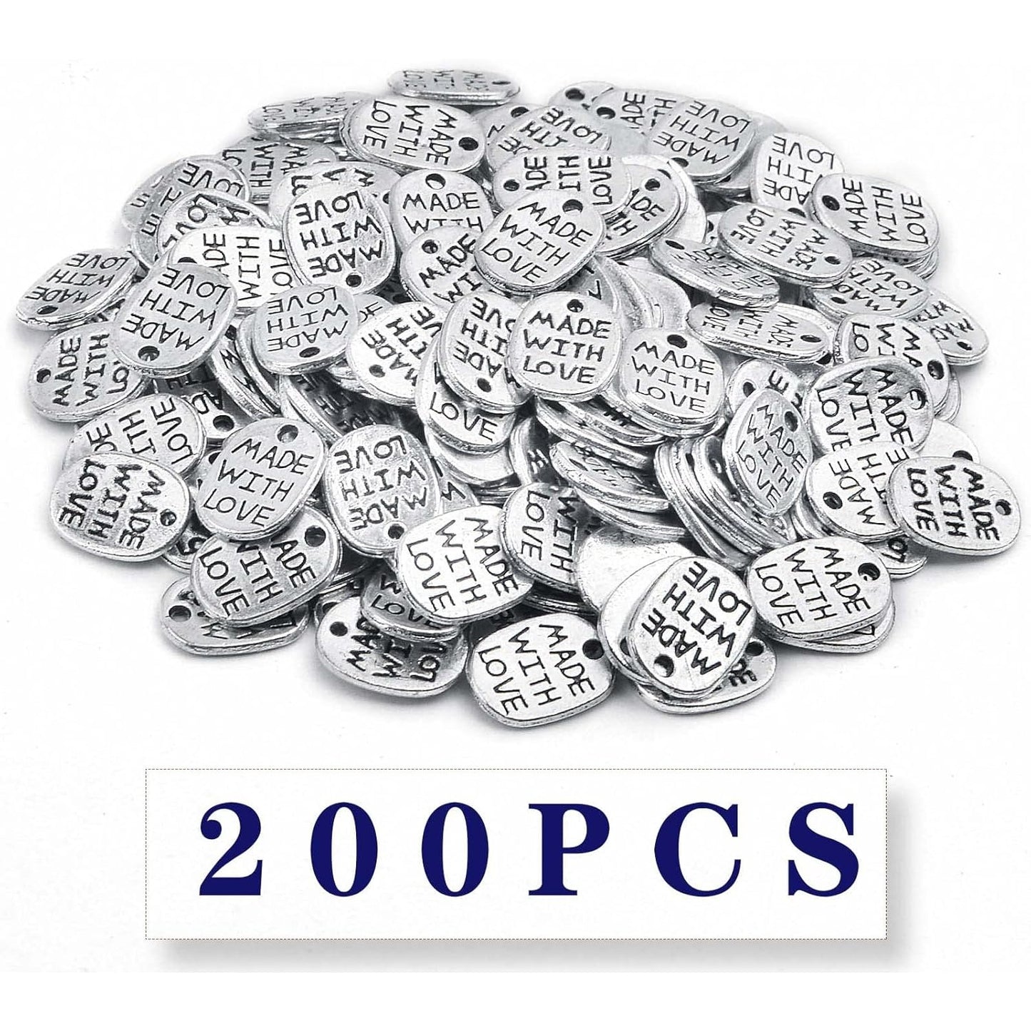 200pcs Antique Silver Oval Word Pendant Charms Tibetan Style Alloy Message Made with Love Valentine's Day Theme Charms for DIY Bracelet Necklace Jewelry Making Supplies