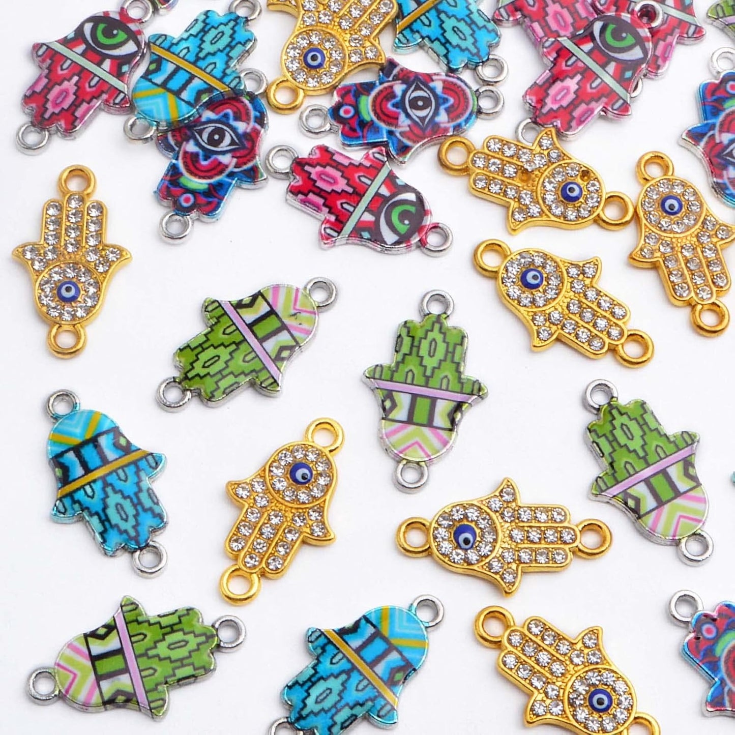 30pcs Mixed Alloy Rhinestone Hamsa Hand of Fatima Charms Colorful Evil Eye Hamsa Hand Frame Pedants Connectors for DIY Art Craft Jewelry Making Christmas Gifts, 2 Styles