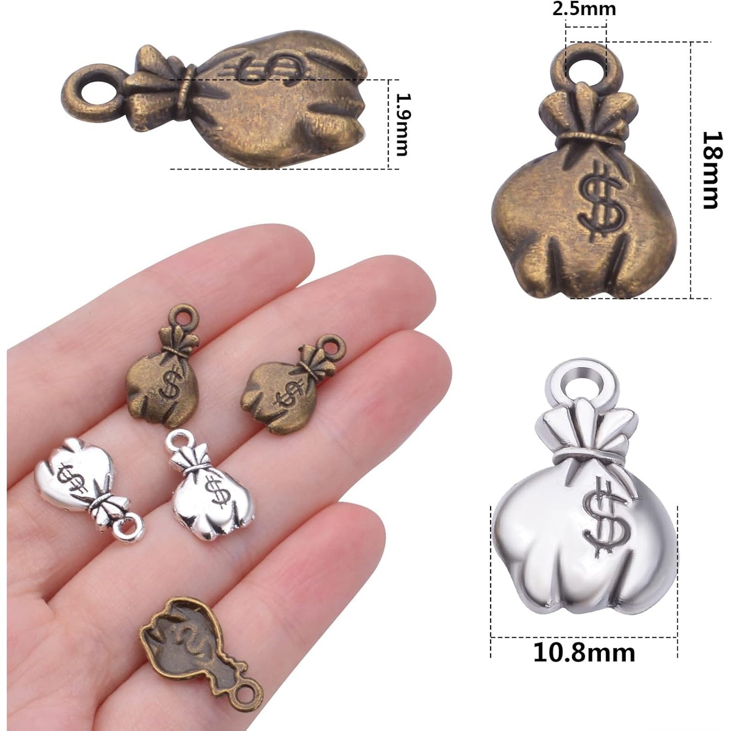 100pcs Mini US Dollar Sign Money Bag Charms Pendants Tibetan Alloy Dollar Money Charms Jewelry Making Accessories for DIY Earrings Bracelets Necklace, 2 Colors
