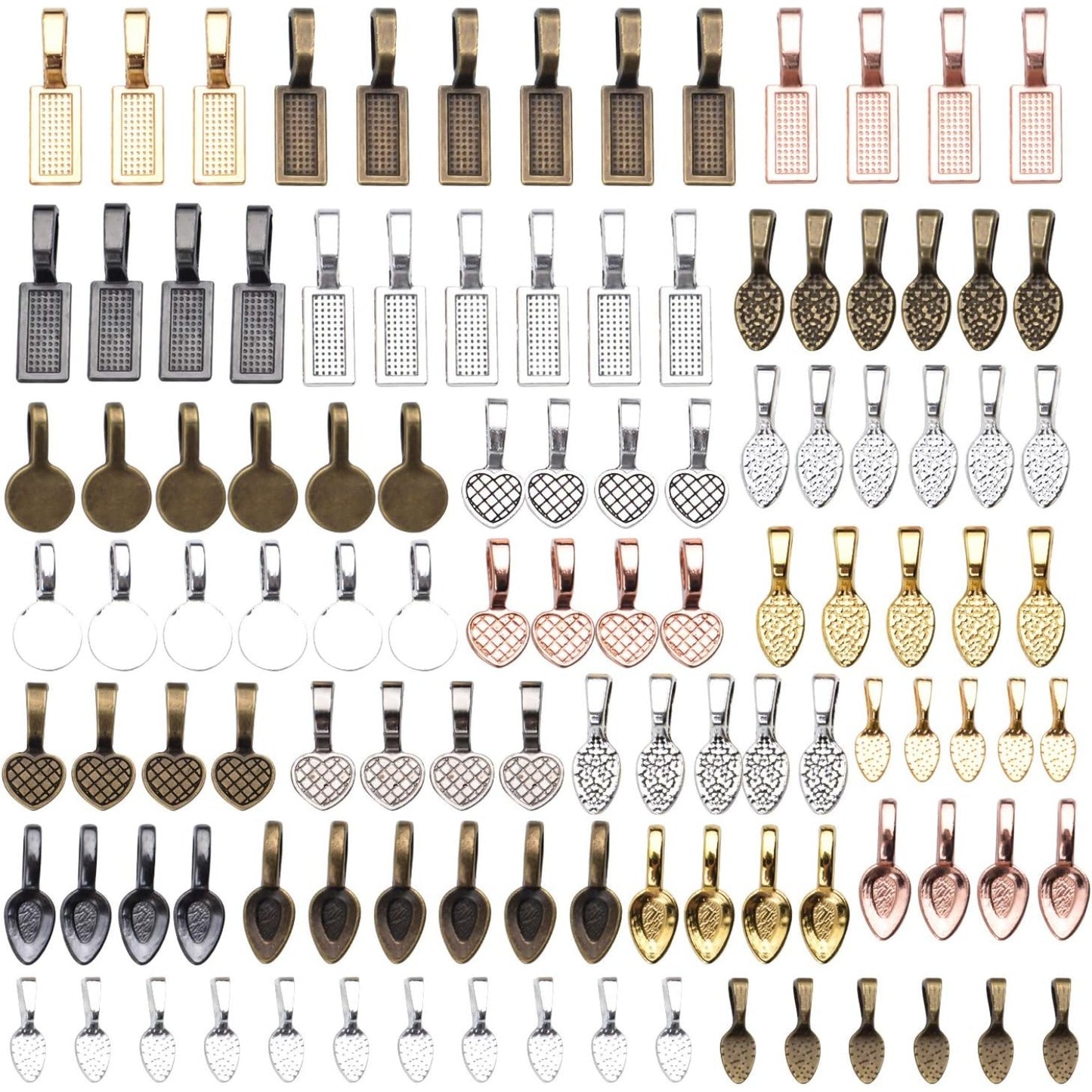 Pendant Connector,120 Pieces Tibetan Style Alloy Glue-on Flat Pad Bails Shovel Shape Pendants Charms Connector Hanger for Jewelry Making,6 Styles in 5 Colors