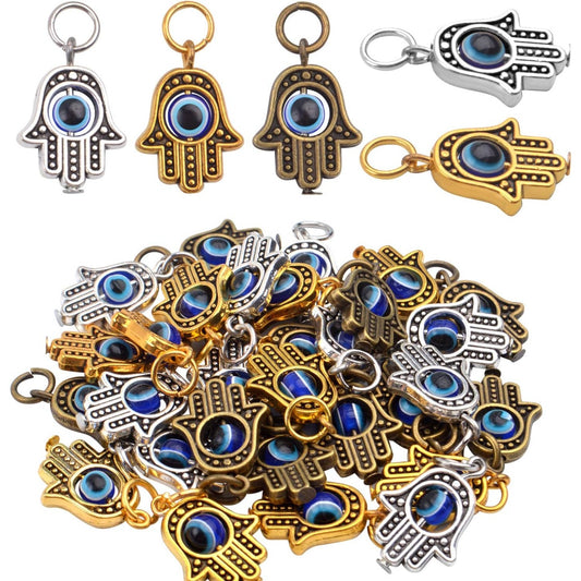 Hamsa Hand Beads Frame Charms,30 Pieces of Hamsa Evil Eye Pendant Hand of Fatima Symbol Charms Jewelry Making Findings for DIY Necklace Bracelet(Gold & Silver & Bronze)