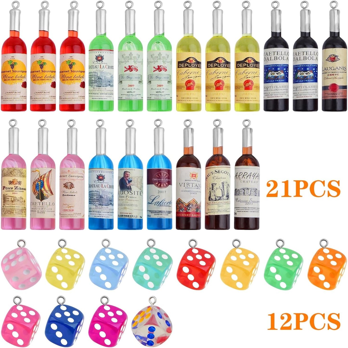 21pcs Resin Mini Wine Bottle Charms Plastic Random Colors Wine Bottles Label Pendants and 12pcs Clear Colorful Dice Dangle Charms for DIY Necklace Earrings Keychains Jewelry Making