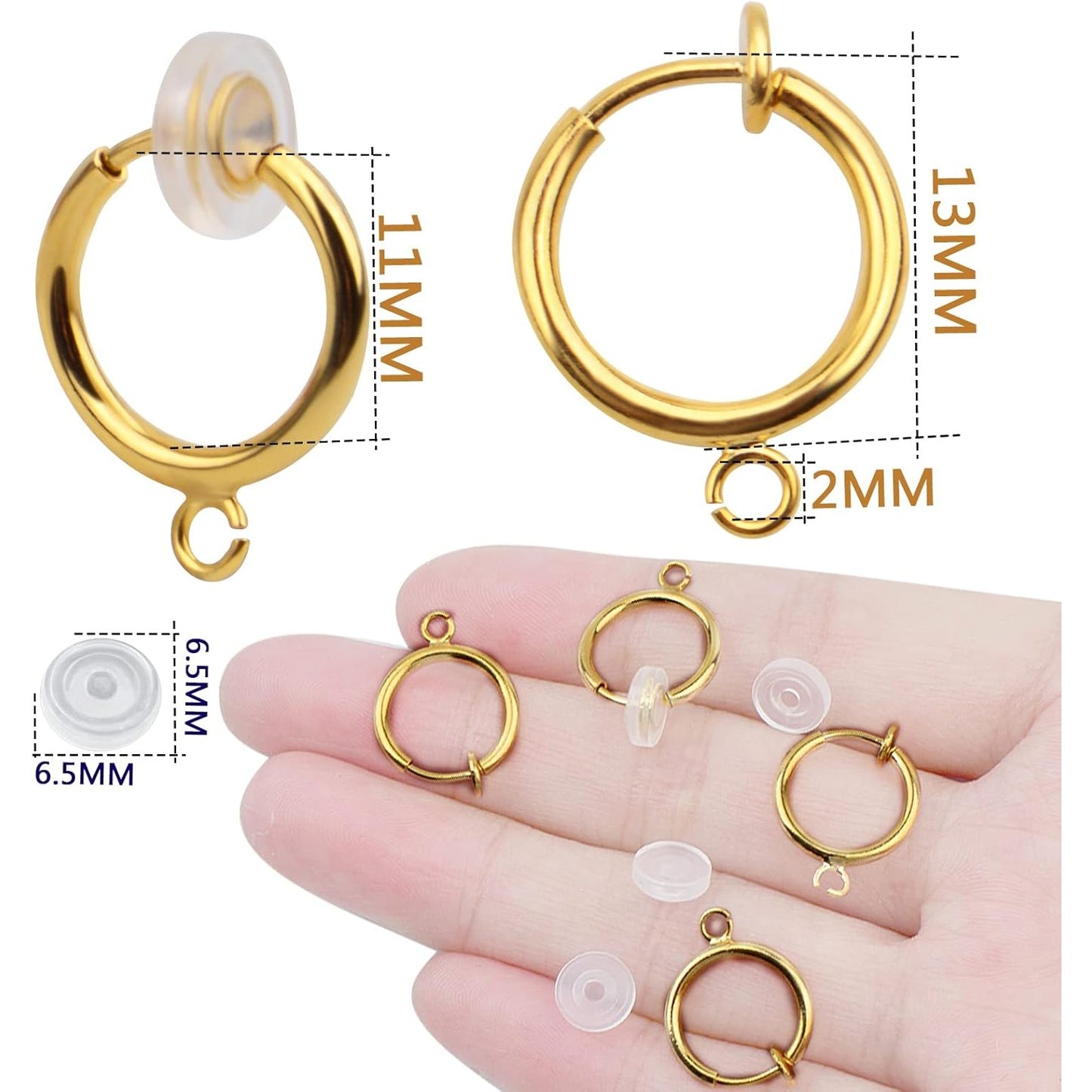 16pcs Brass Clip-on Hoop Earring Converters Round Dangle Ear Clips Classic Earring Findings with Open Loop for Non-Pierced Ears Jewelry Making, Bright Silver