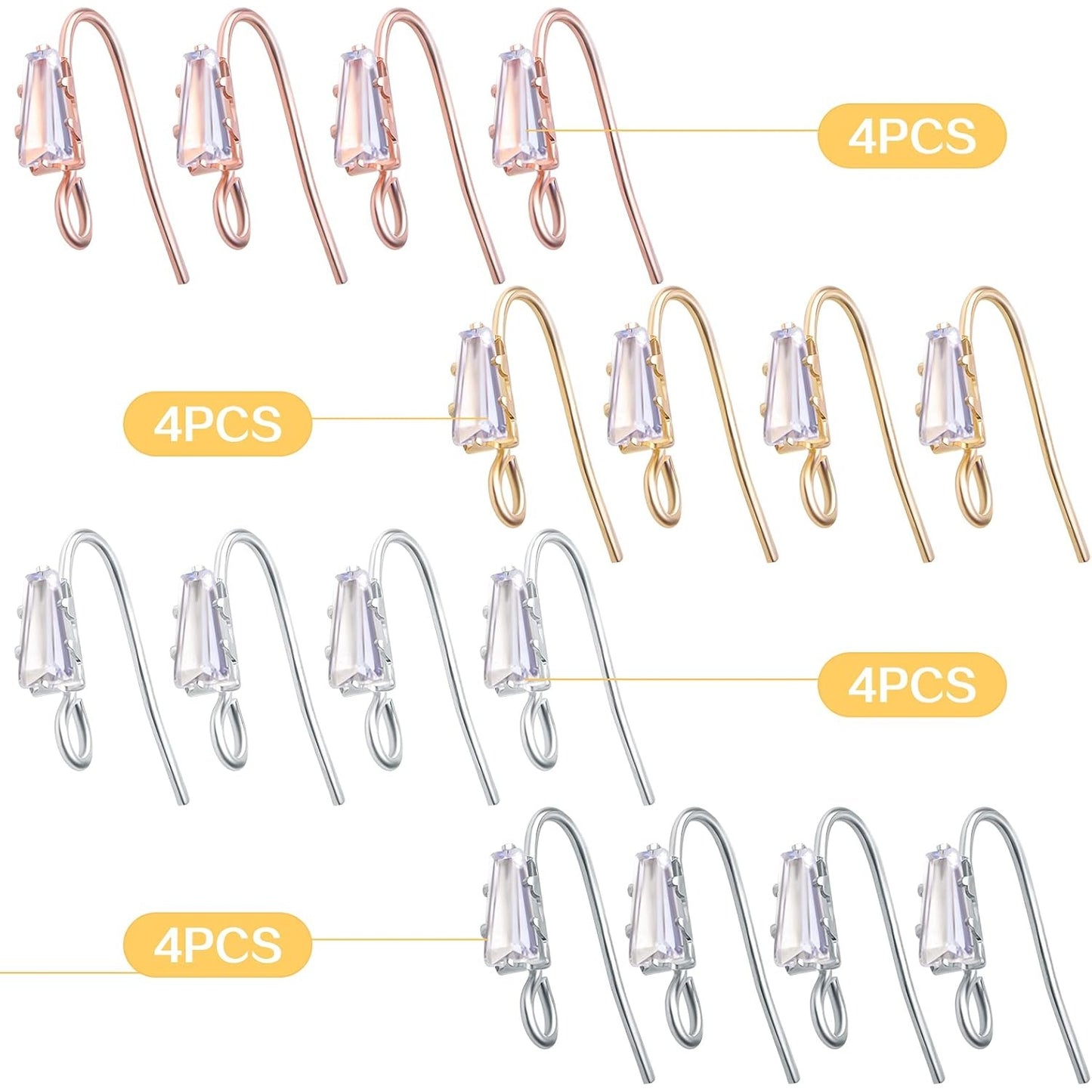 16pcs Crystal Rhinestone Earring Hooks Hypoallergenic Brass Ear Wire Hooks Cubic Zirconia French Fish Hook Earrings with Loop Hole for DIY Dangle Earrings Jewelry Making, 4 Colors