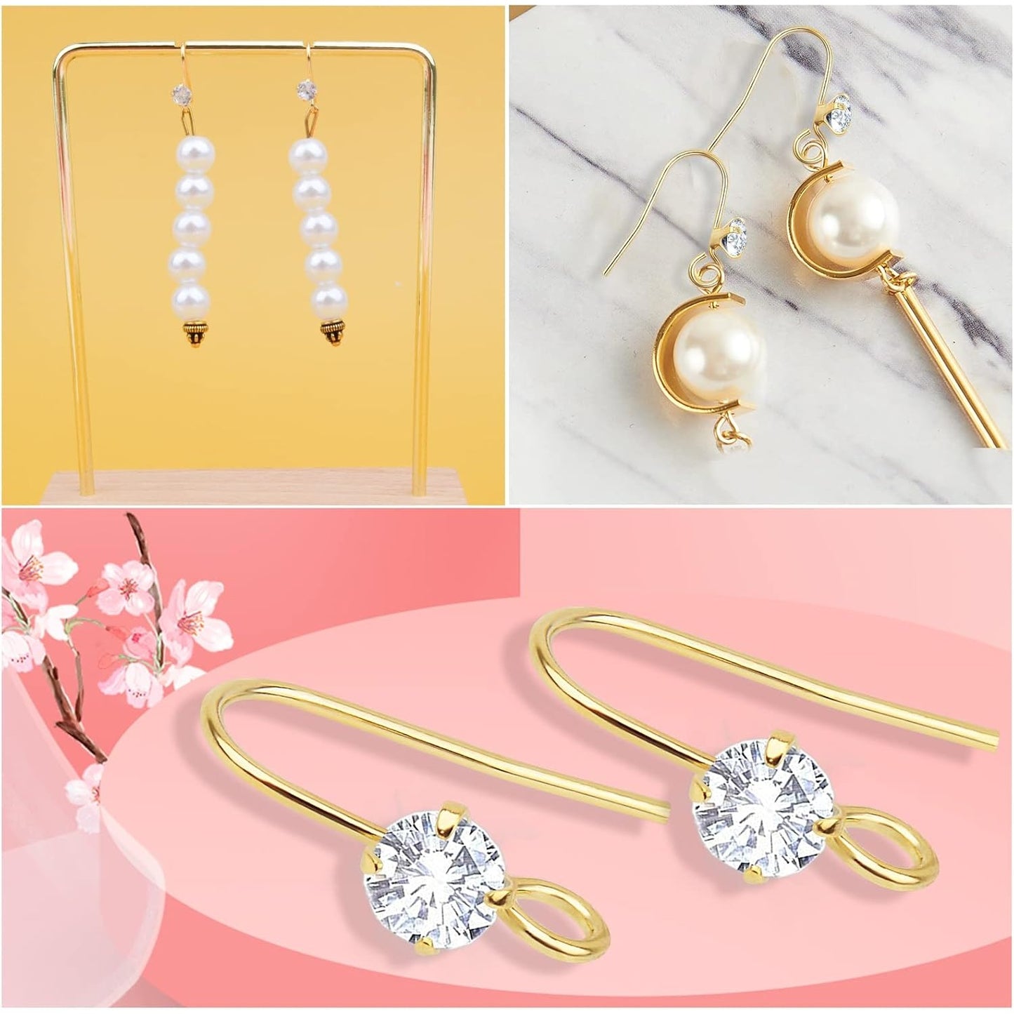 30pcs 3 Colors French Diamonds Earring Hooks Brass Ear Wire Fish Hook Earrings Hypo-allergenic Elegant Dangle Earrings for DIY Jewelry Crafts Making Wedding Prom