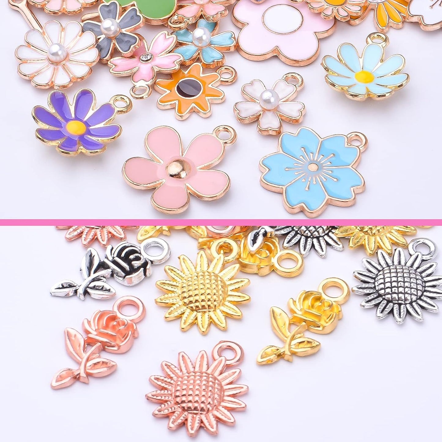 60pcs Mixed Enamel Flower Charms Alloy Sunflower Rose Flower Pendants Sweet Dangle Charms Jewelry Making Accessories for DIY Necklace Bracelet Earring Craft Supplies