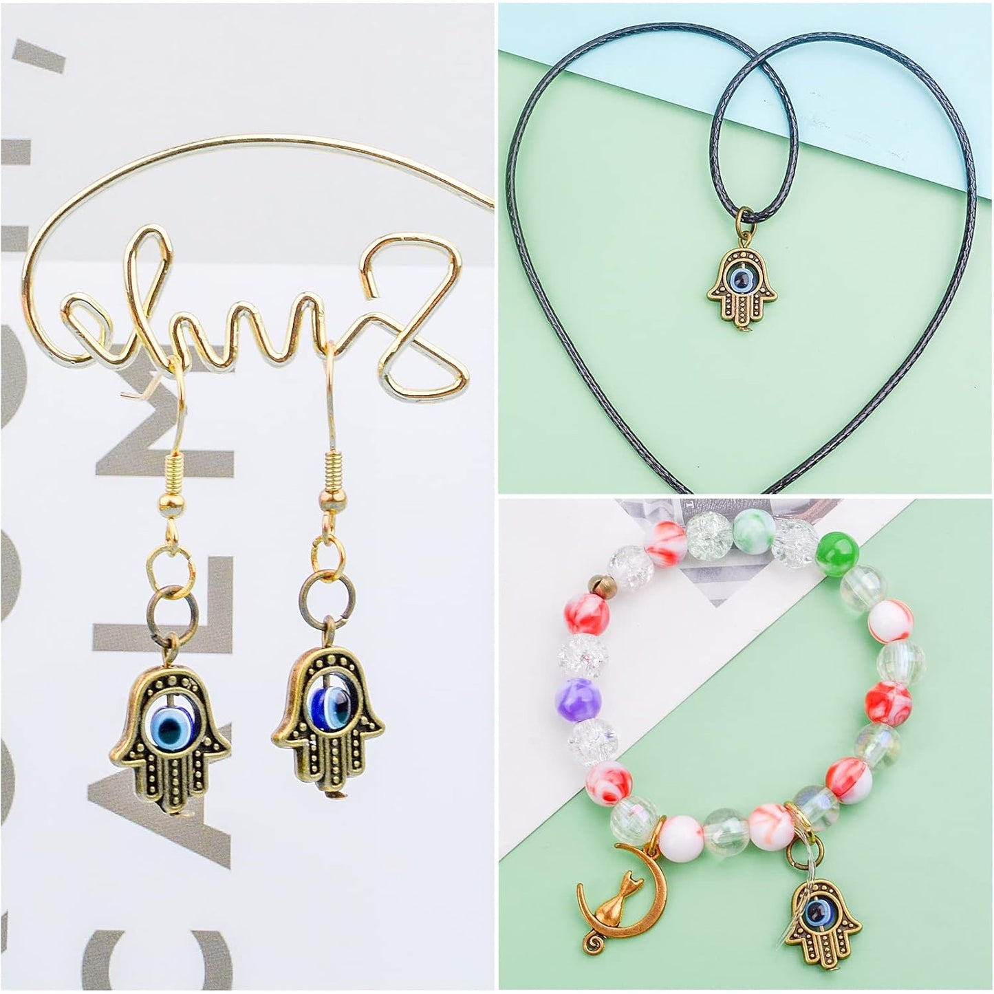 Hamsa Hand Beads Frame Charms,30 Pieces of Hamsa Evil Eye Pendant Hand of Fatima Symbol Charms Jewelry Making Findings for DIY Necklace Bracelet(Gold & Silver & Bronze)