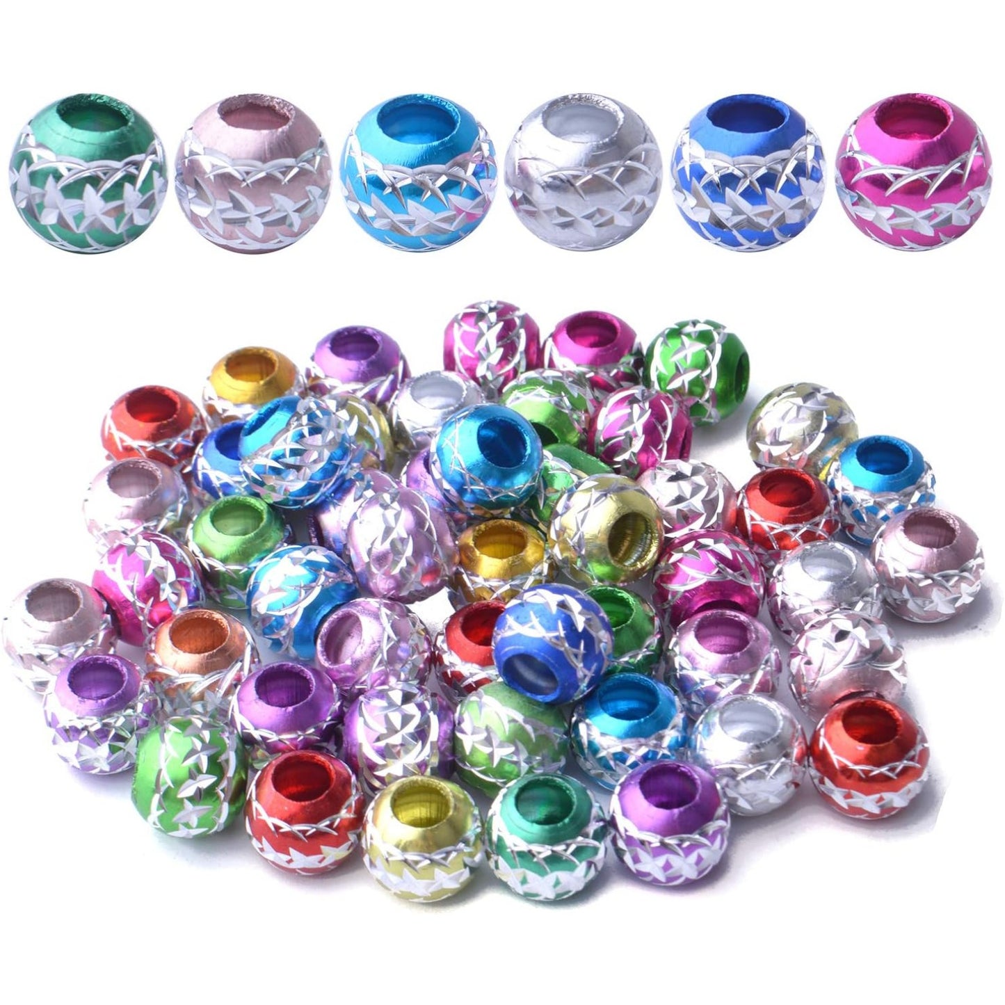 50pcs 10mm Colorful Ball Spacers Beads Aluminum Carving Big Hole Bead Spacers Rondelle Loose Beads Jewelry Spacer Charms for DIY Jewelry Crafts Making, Hole: 5mm
