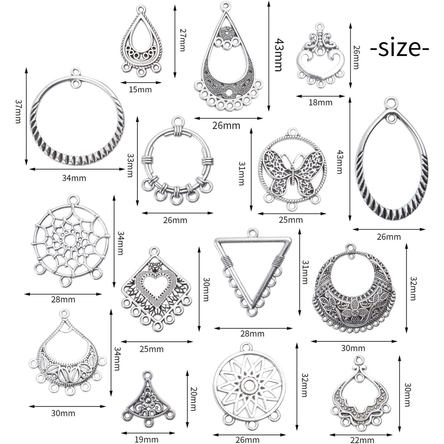 30 Pieces Antique Silver Chandelier Earrings Earring Component Connector Charms Jewelry Making for Earring Drop and Charm Pendant, 15 Styles