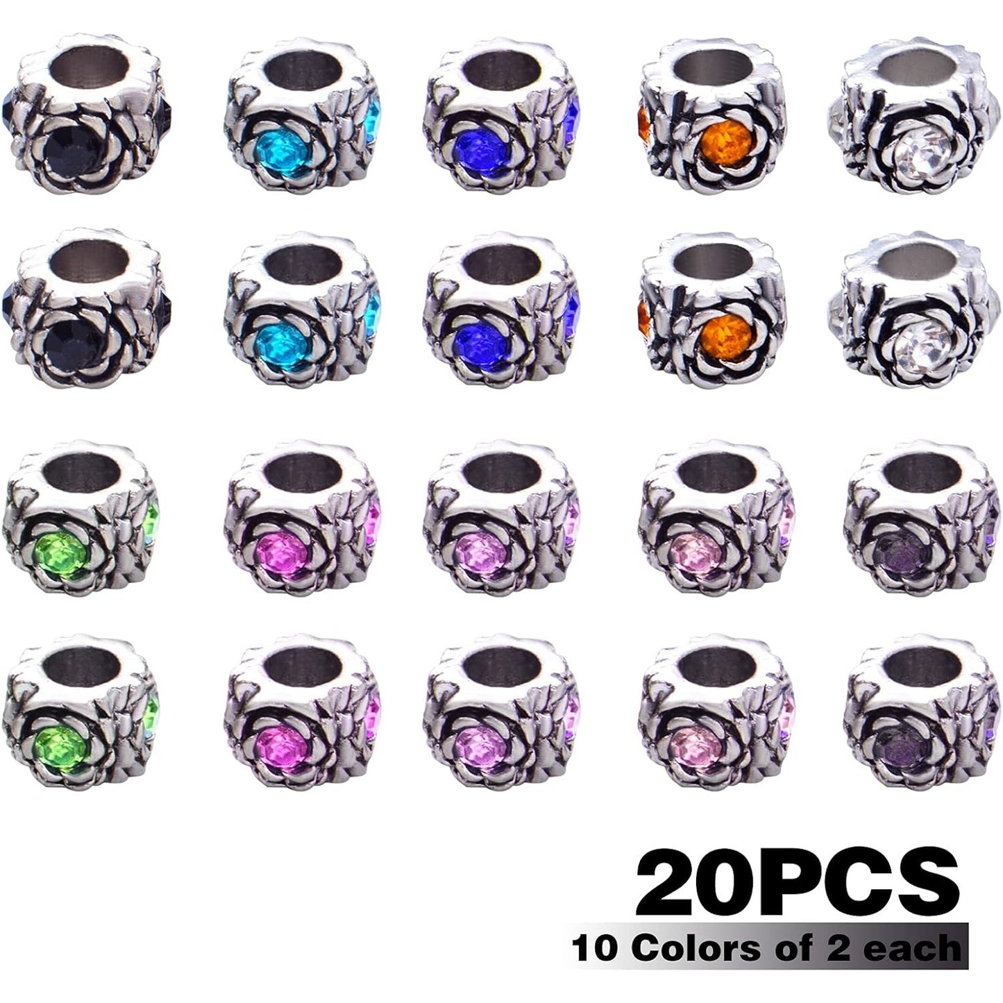 20pcs Large Hole Spacer Beads Rhinestone European Rondelle Spacer Beads Crystal Loose Charm Beads for Snake Chain Bracelets Crafts Jewelry Making Supplies, 10 Styles, Hole: 5.7 mm
