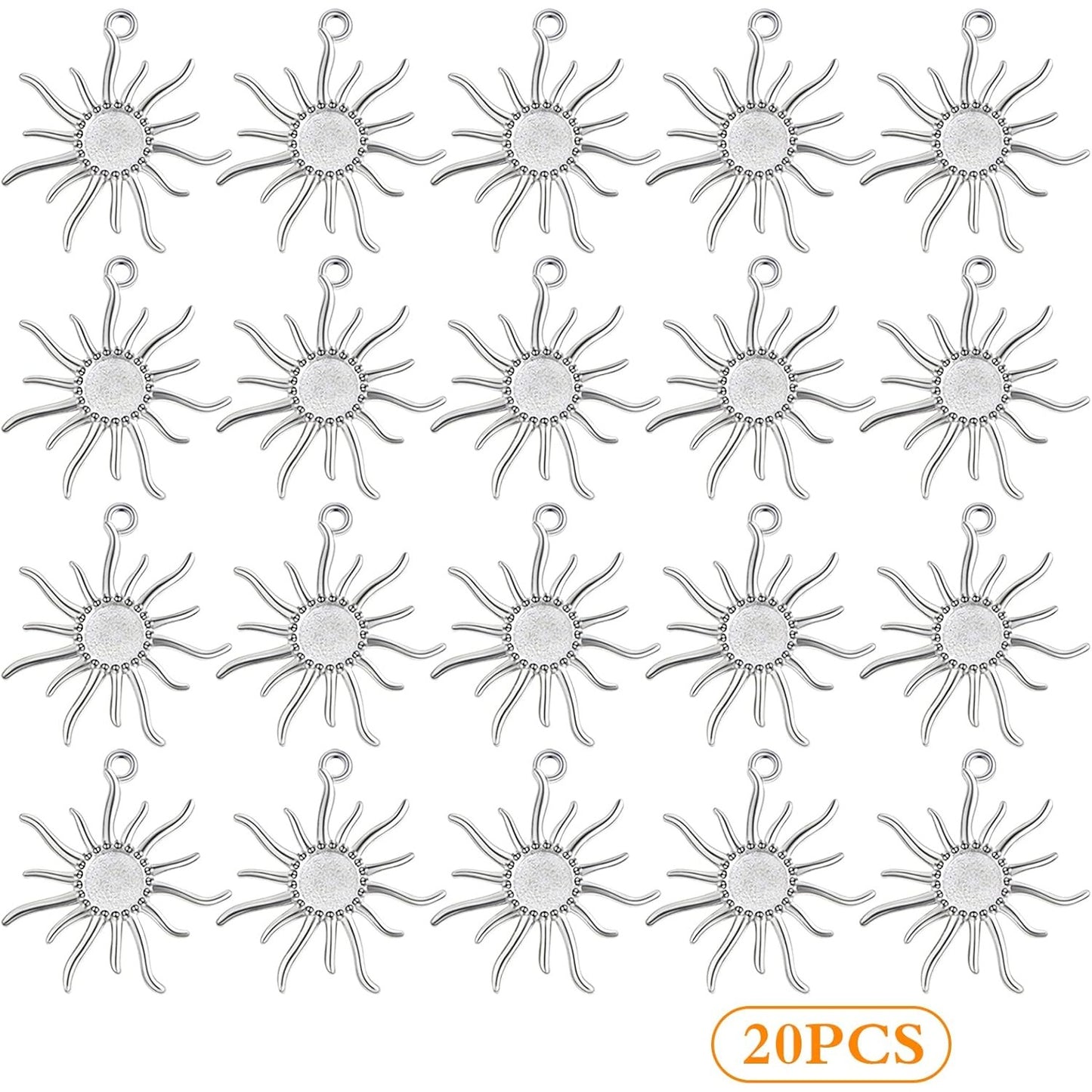 20pcs 12 mm Sun Blank Round Pendant Trays Tibetan Alloy Sun Flower Flat Round Cameo Base Bezel Tray Charms for DIY Necklace Earrings Jewelry Making Findings, Bright Silver