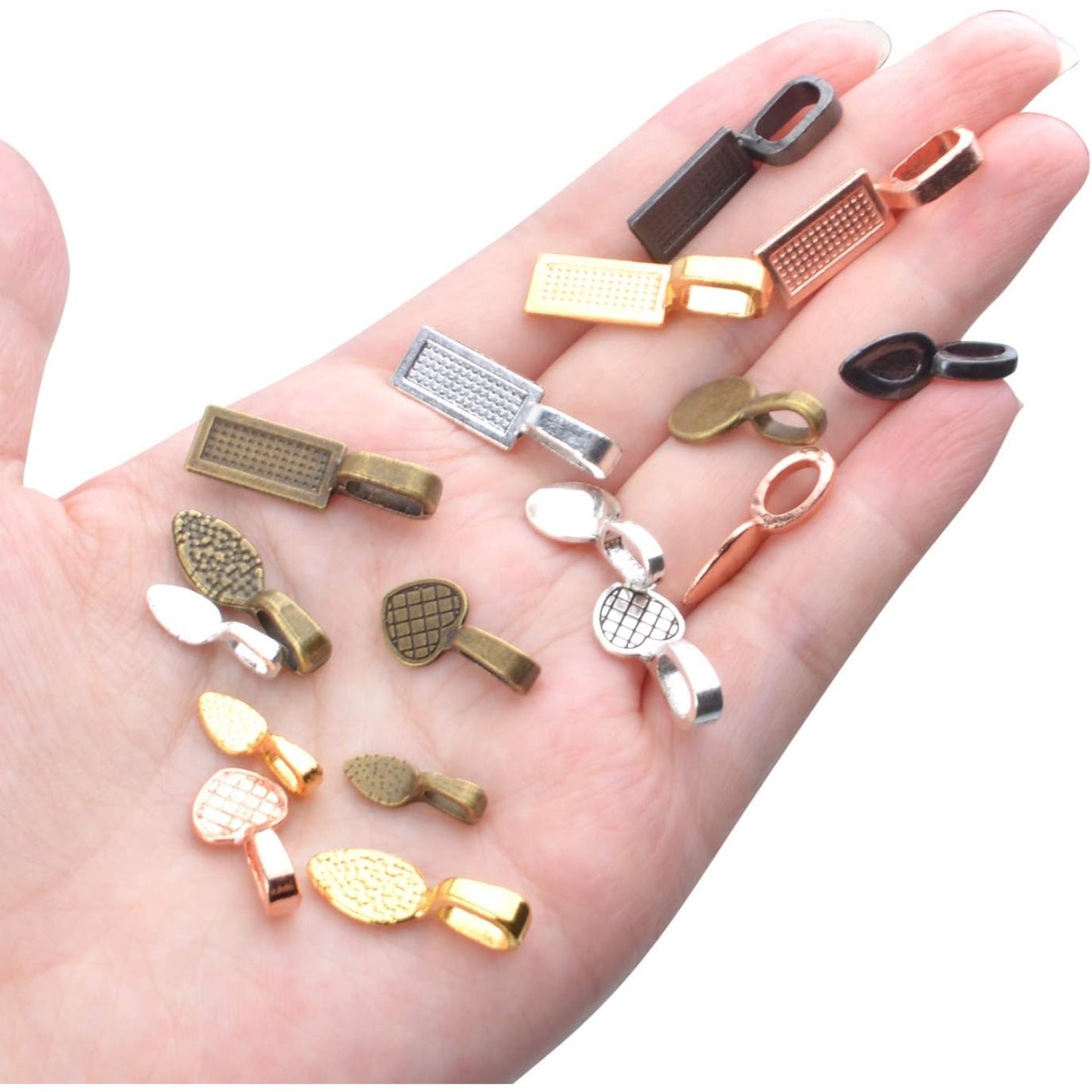 Pendant Connector,120 Pieces Tibetan Style Alloy Glue-on Flat Pad Bails Shovel Shape Pendants Charms Connector Hanger for Jewelry Making,6 Styles in 5 Colors