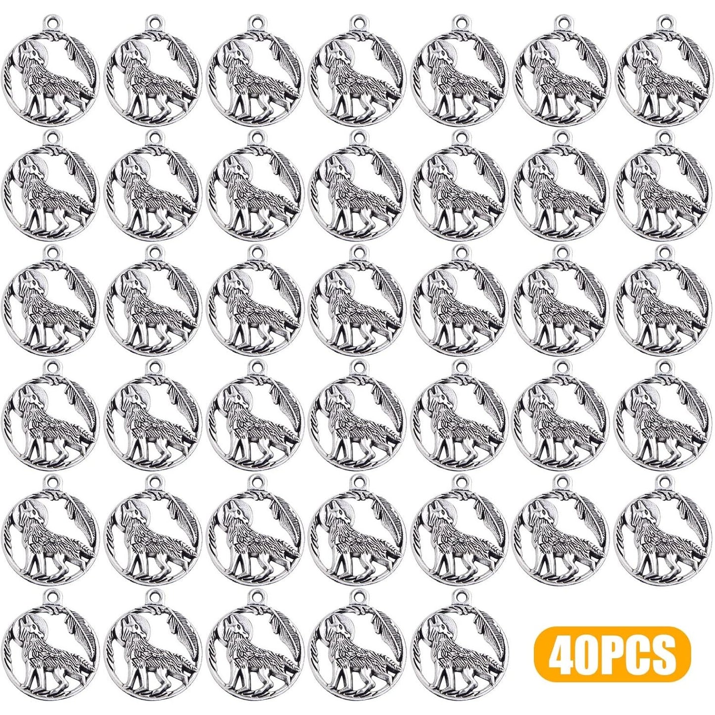 40 Pieces Antique Silver Wolf Charms Pendants Vintage Alloy Wolf Animal Dangle Pendants Craft Supplies for DIY Necklace Bracelet Keychains Jewelry Making, 25 x 21 mm
