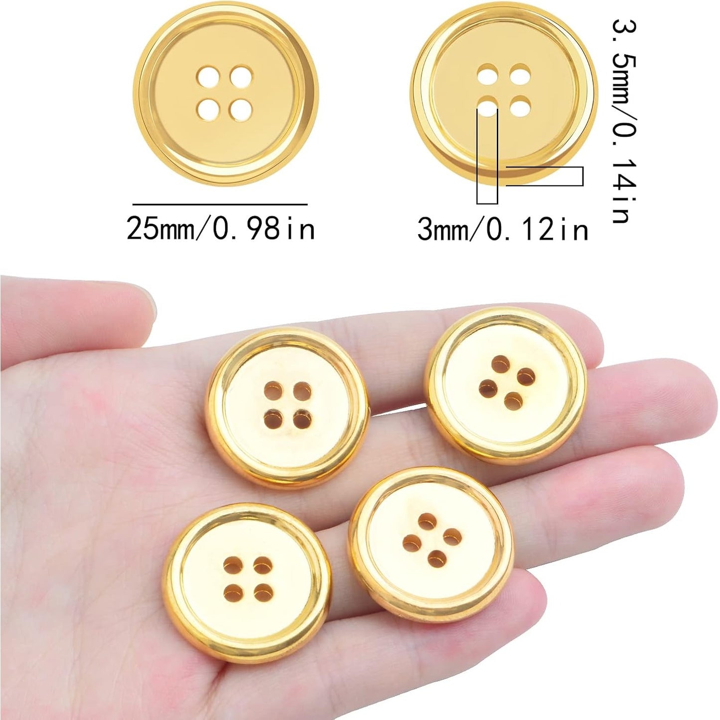 50 Pieces 25 mm Golden Plated Round Buttons with 4 Holes Plastic Sewing Buttons Handmade Ornament Buttons Bulk for DIY Sewing Crafts Handmade Repair Clothes Coats