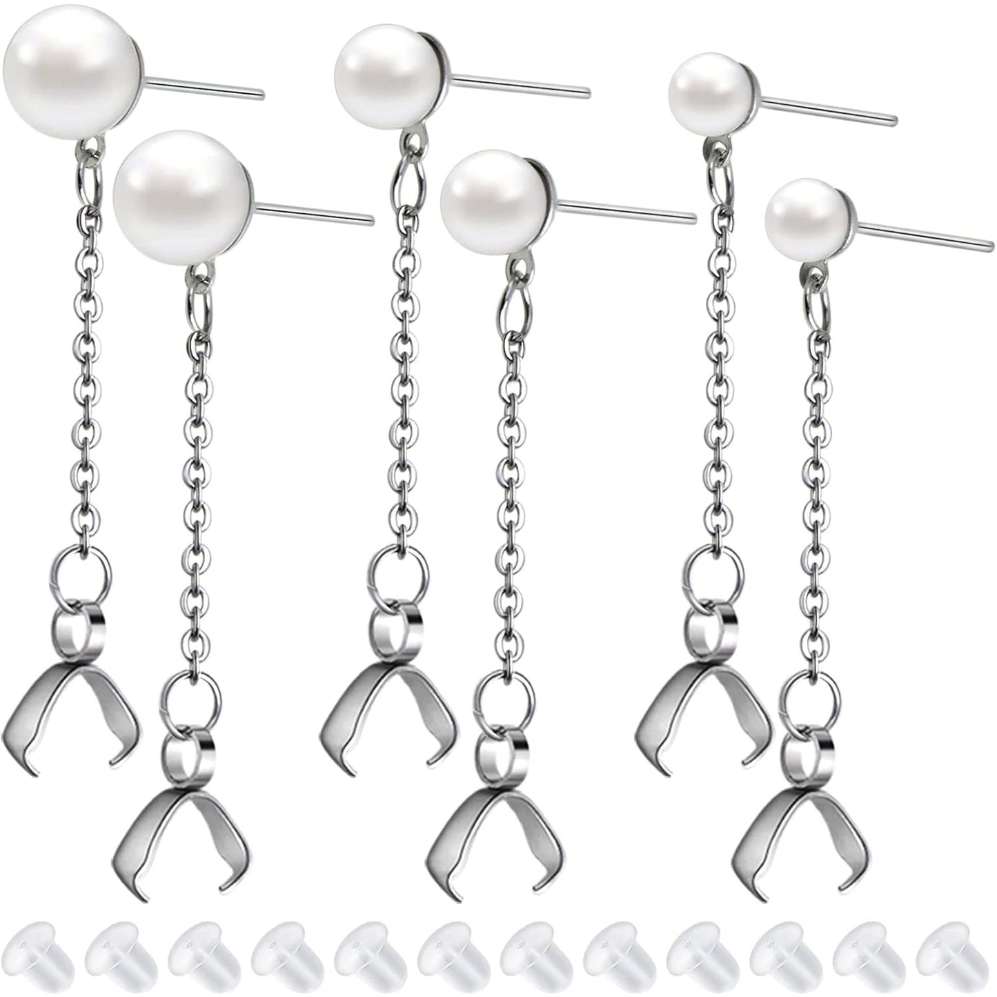 6pcs Stainless Steel Pearl Earring Studs Hypoallergenic Ear Posts with Loop and Pinch Clasp Chains, and 20pcs Clear Earring Backs for DIY Dangle Earring Jewelry Making, 3 Sizes