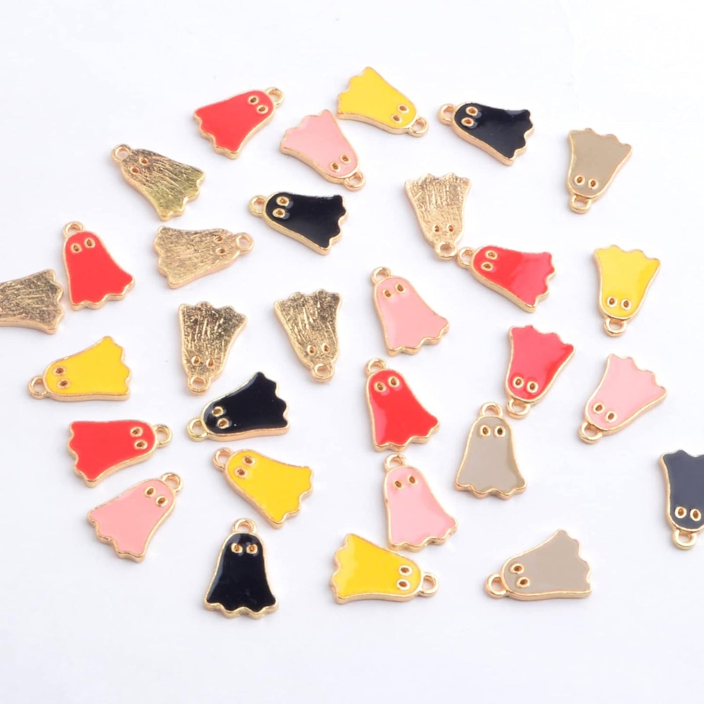 30pcs Golden Plated Enamel Mini Ghost Pendant Charms Alloy Halloween Ghost Dangle Charms Craft Supplies for DIY Necklace Bracelet Jewelry Making Halloween Party, 5 Colors