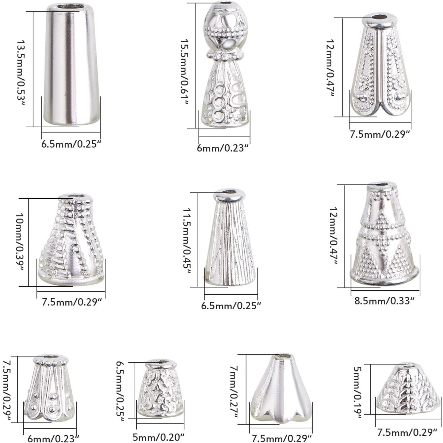 100 Gram (About 110-150pcs) Mixed Styles Cone Bead Caps Tibetan Alloy Flower Spacer Bead Caps Tassel End Caps for DIY Bracelet Necklace Jewelry Craft Making, Bright Silver