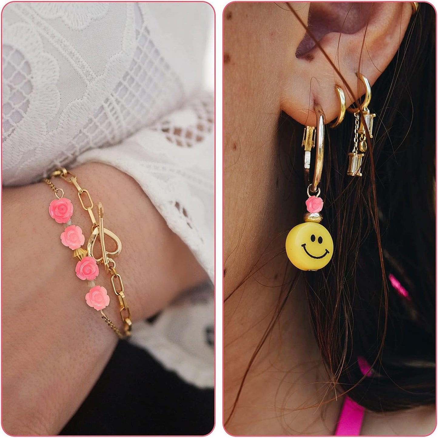 40pcs Shell Carved Rose Flower Beads Pink Rose Spacer Beads Flower Loose Beads Embellishments with a Box for DIY Crafts Scrapbooking Jewelry Making,4 Sizes