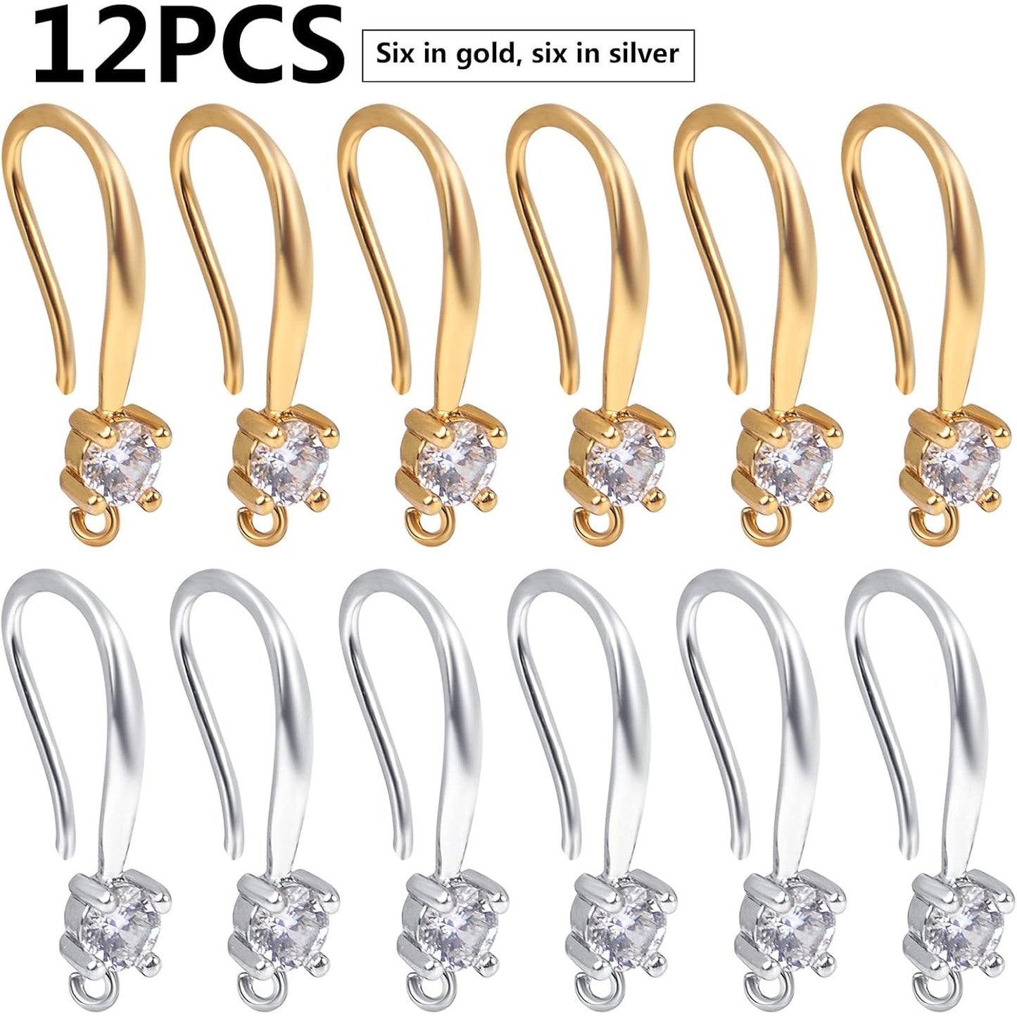 12pcs Cubic Zirconia Earring Hooks Ear Wires with Dangle Loops Earwire Connectors for DIY Jewelry Earrings Making
