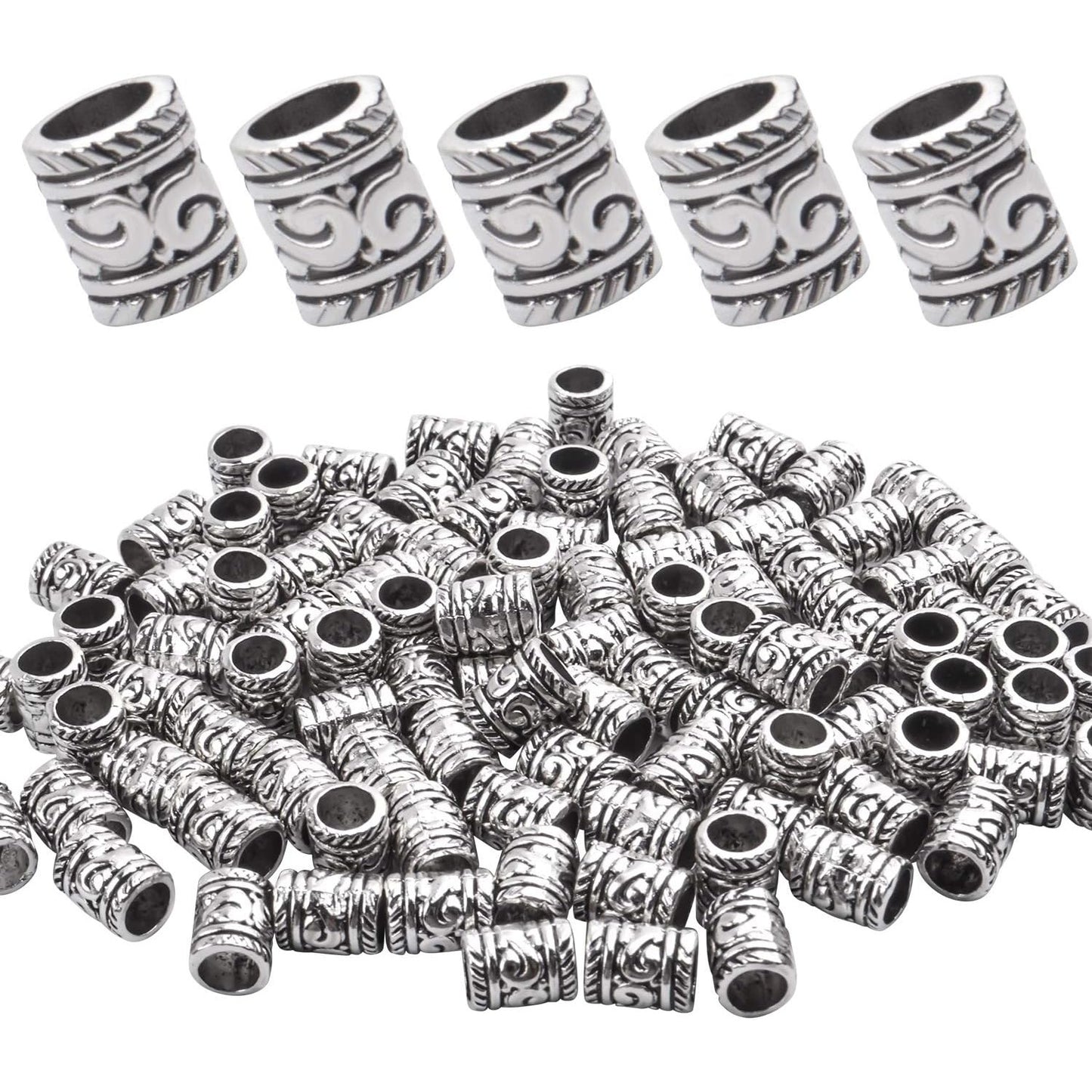 100pcs Antique Silver Spacer Beads Large Hole Beads Charms Hollow Tube Bead for DIY Necklace Bracelets