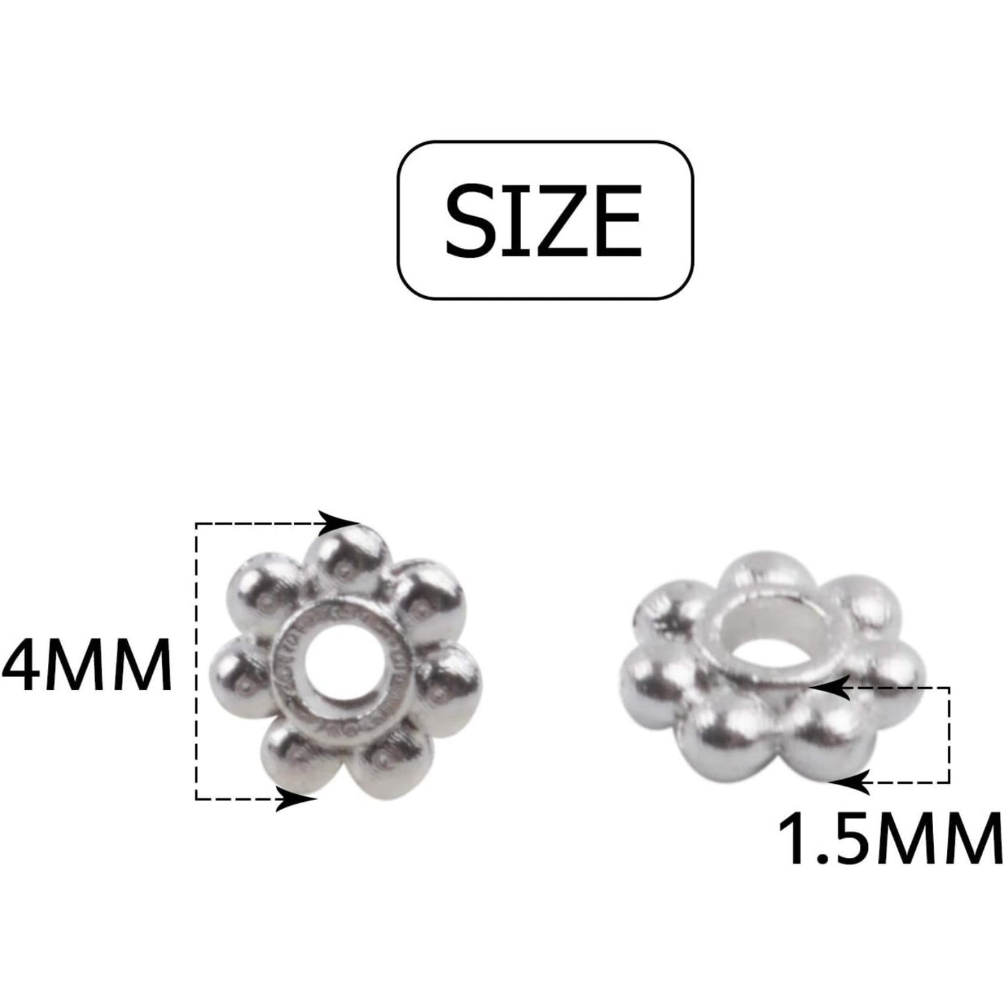BronaGrand 500pcs Metal Daisy Spacer Beads 4mm for DIY Jewelry Making(Silver)