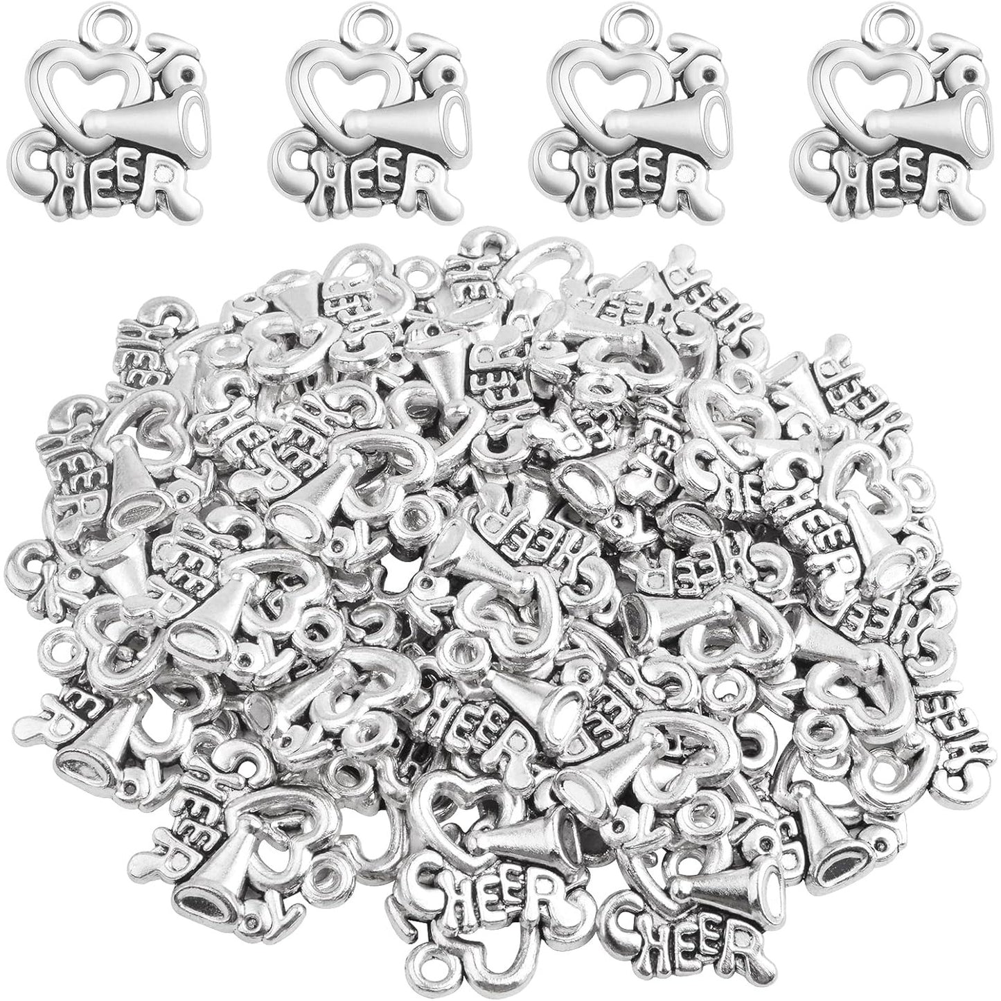 50pcs Antique Silver Heart Shape Cheer Horn Charms Alloy Love Cheer Loudspeaker Sport Pendants Craft Supplies for DIY Necklace Bracelet Jewelry Making Cheerleader Gifts
