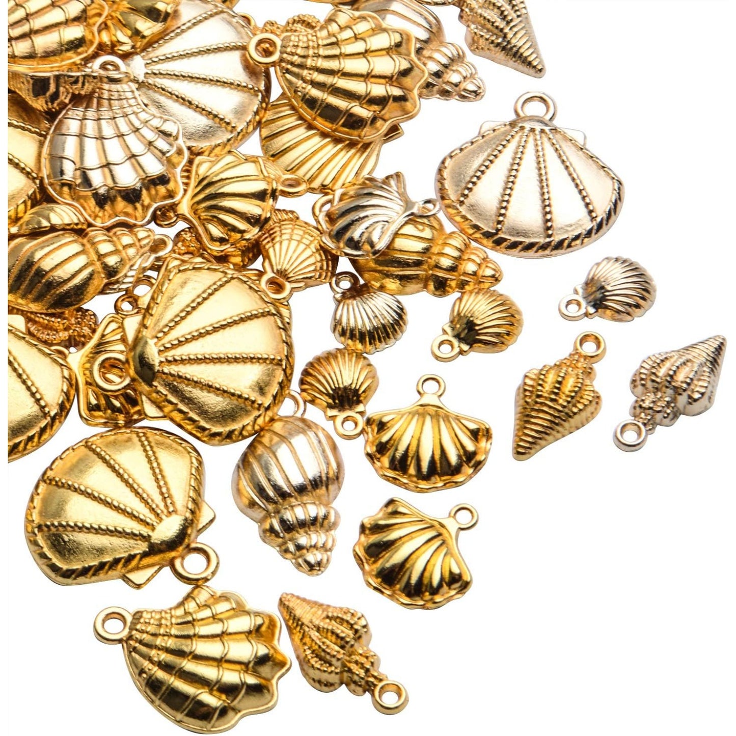 Seashell Charms, 100 Gram Gold Shell Ocean Theme Pendants - Conch, Scallops, Mussel, Marine Life, Sea Animals Dangle Charms for Jewelry Making, Necklace, Bracelet Crafting