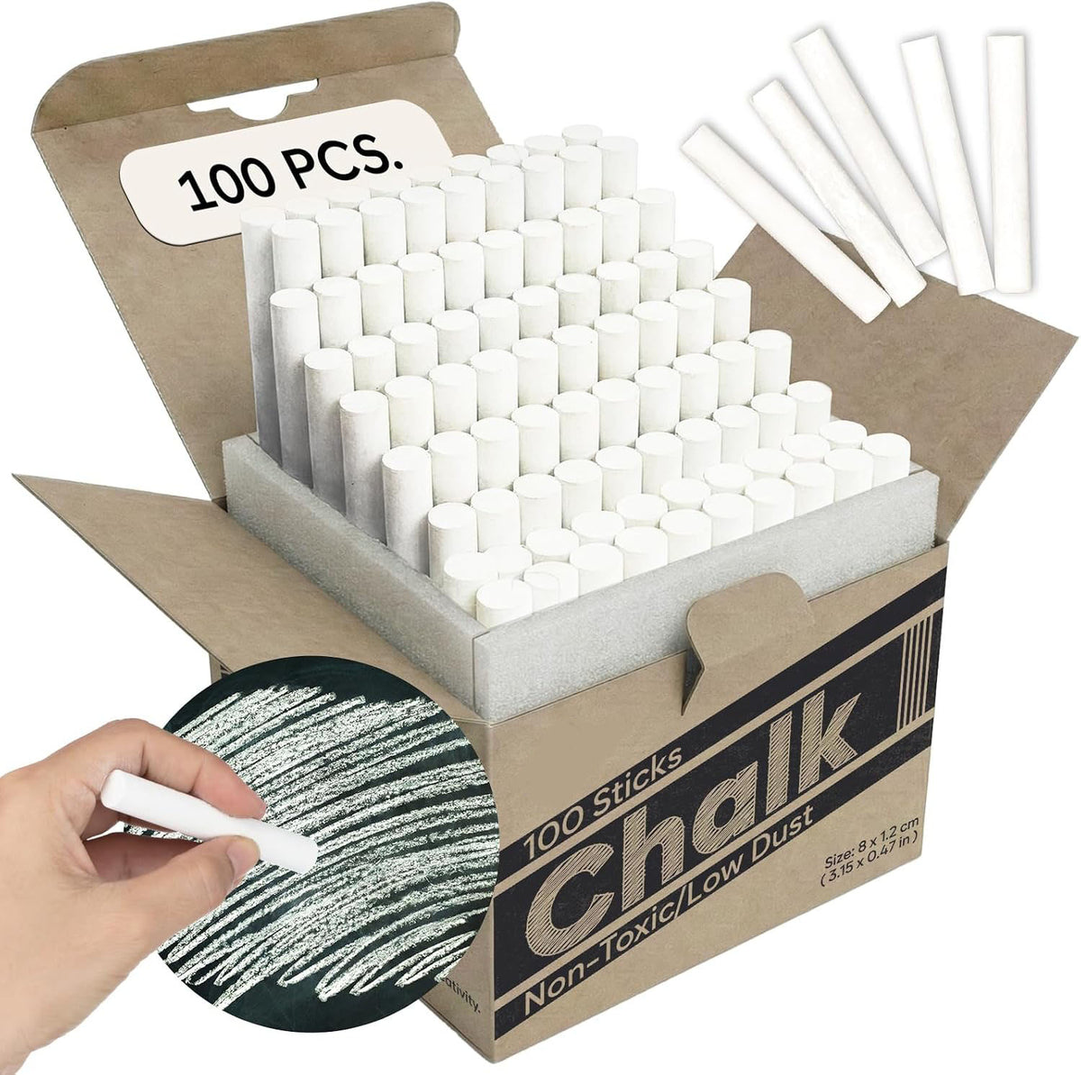 HENDEVL Chalk for Blackboard – 100 Sticks – White – Non-Toxic, Low Dust – Classroom & School Chalk