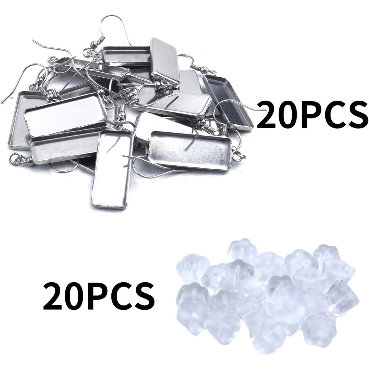 20-Piece Stainless Steel Earring Kit with 10x25mm Blank Rectangle Trays, 20 Silicone Earring Backs, DIY Jewelry Making