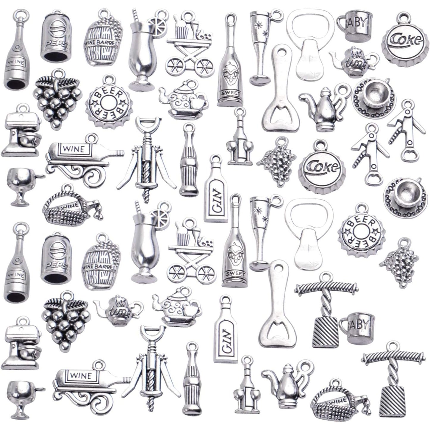 56pcs Silver Wine Bottle Charm Pendants Alloy Cup Glass Opener Grape Wine Charms Jewelry Making Accessories for DIY Necklace Bracelet Earrings Crafts, 28 Styles