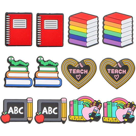 12Pcs Teacher Silicone Beads, School Pencil Blackboard Book Characters Floral Rubber Loose Spacer Beads Bulk for Necklaces Bracelets Keychain DIY Jewelry Making Crafts