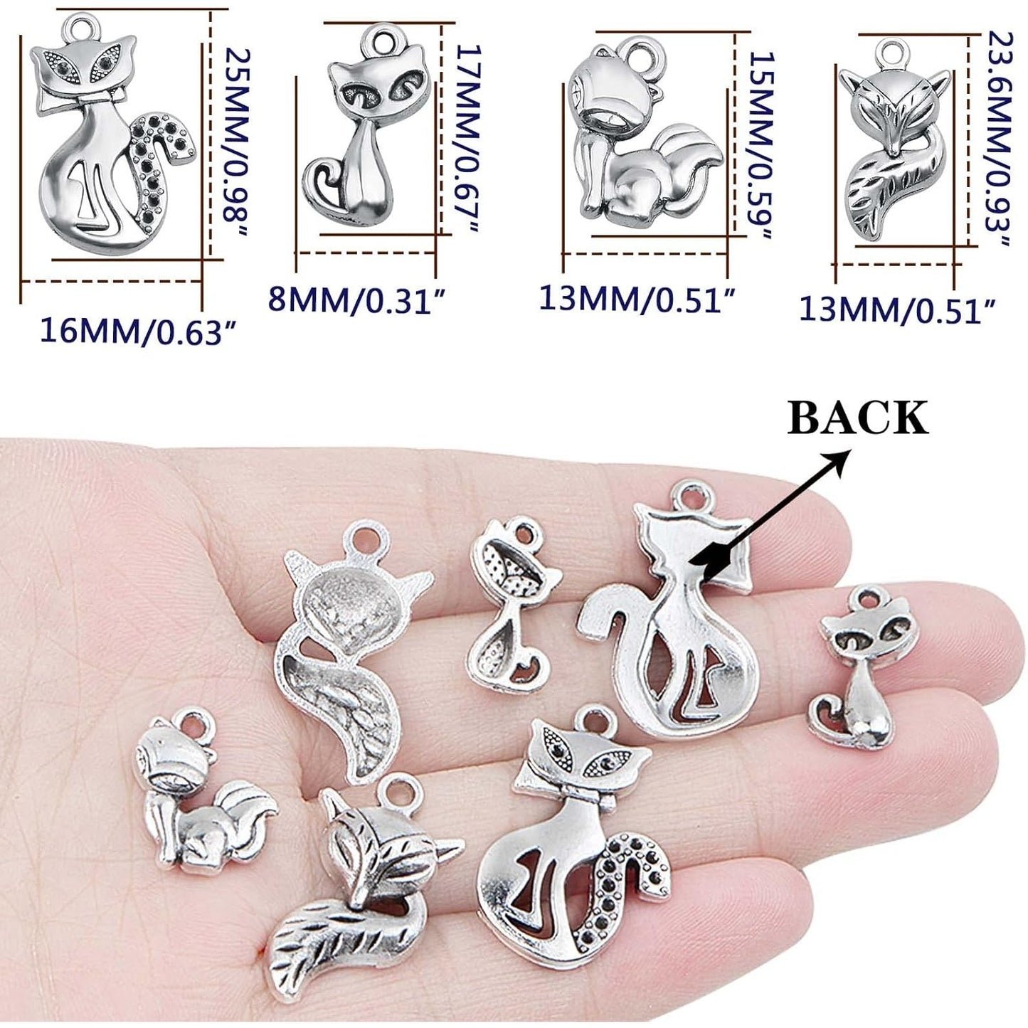 50pcs Antique Silver Fox Kitty Pendant Charms Tibetan Alloy Cute Cat Pendant Vintage Animal Dangle Charms Bulk for DIY Necklace Bracelet Keychain Jewelry Making, 5 Styles…