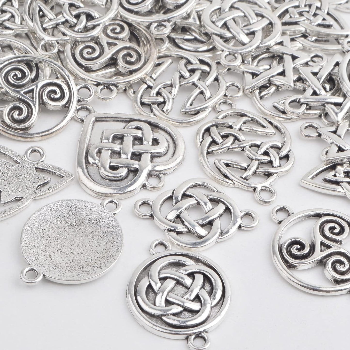 42pcs Celtic Knot Charms Irish Traditional Pendants Tibetan Alloy Flower Triangle Heart Knot Links Good Luck Chinese Knot Connectors for DIY Jewelry Making Bracelet, 7 Styles,Antique Silver