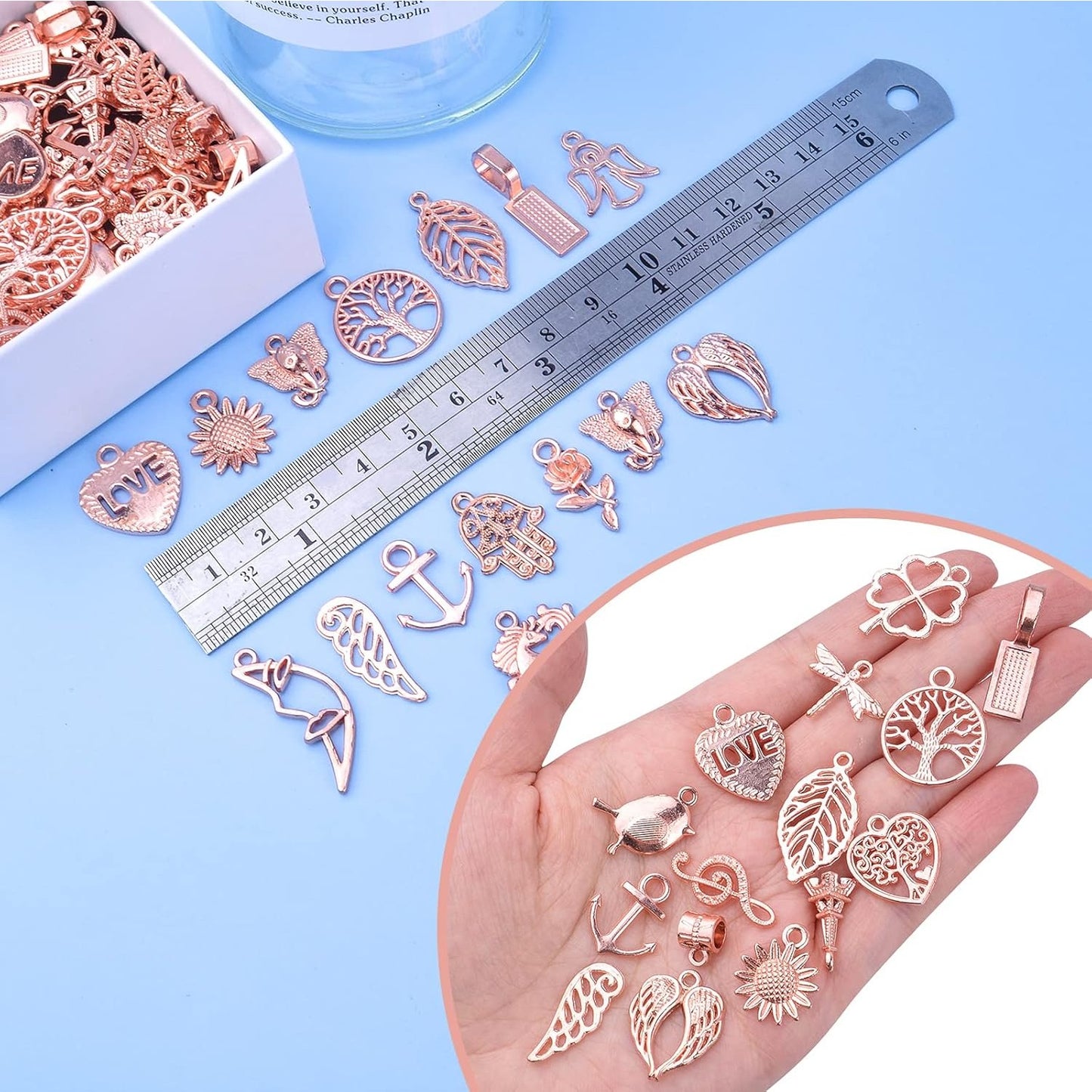 100pcs Rose Gold Mixed Charms Pendants Tibetan Alloy Vintage Charms Wholesale Bulk Crafts Supplies for DIY Necklace Bracelet Earring Handmade Jewelry Making Accessories
