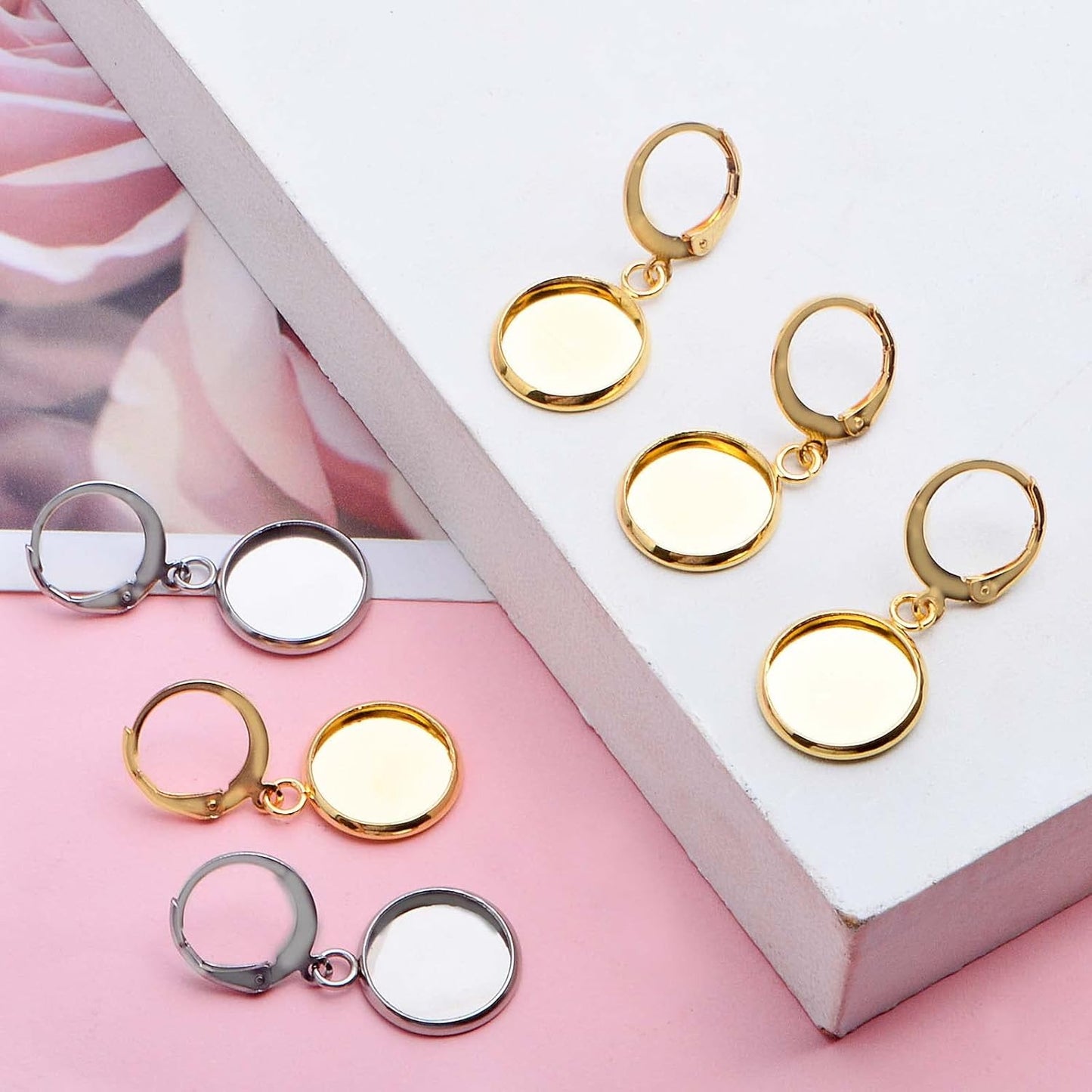 20pcs Leverback French Ear Wires Hooks Stainless Steel Blank Flat Round Bezel Trays Base Earring Cabochon Settings for DIY Earrings Jewelry Making Supplies, 2 Colors
