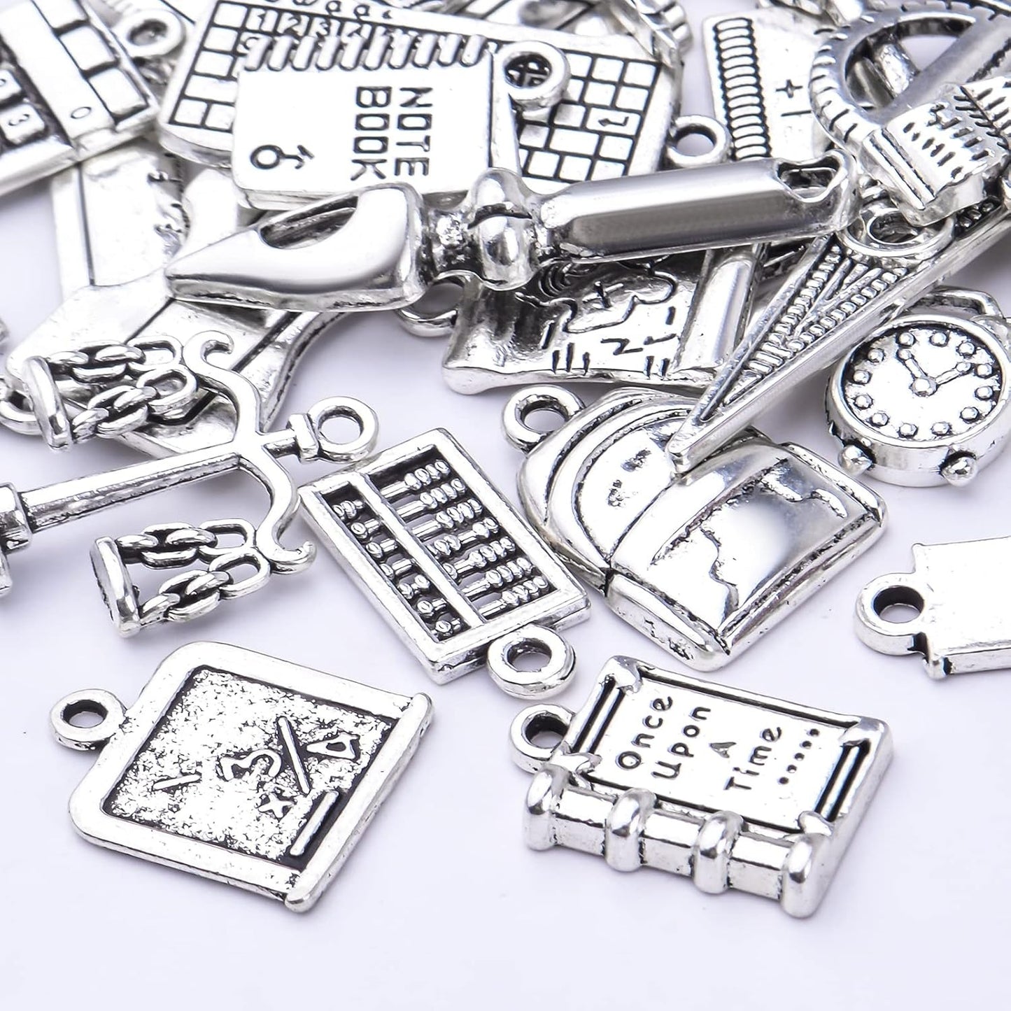 56pcs Mixed Styles School Theme Charms Tibetan Alloy Teacher Pendants Ruler Pen Books Calculator Compass Charms for DIY Bracelet Necklace Crafts Jewelry Making, Antique Silver