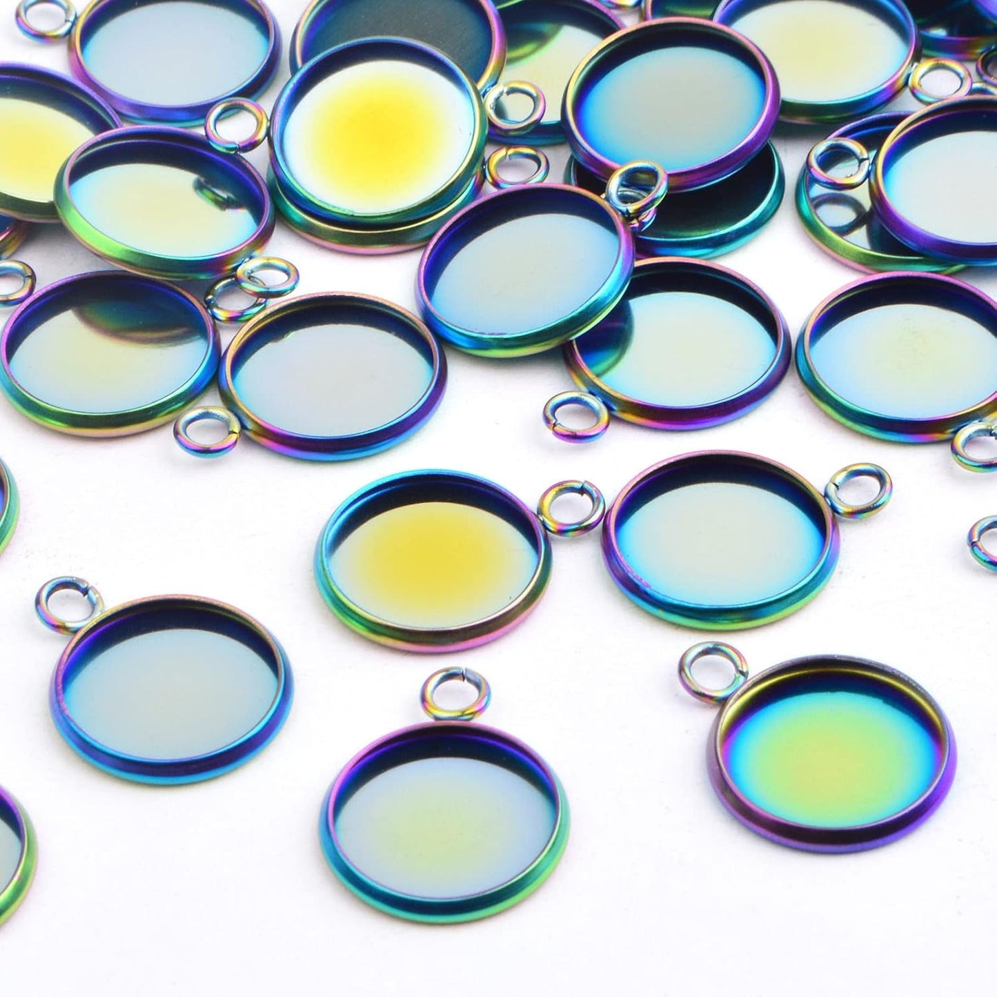 50 Pieces Stainless Steel Pendant Trays Cabochon Settings Fit 12 mm Round Blank Bezel Trays Pendant for DIY Necklace Earrings Jewelry Craft Making, Rainbow Color