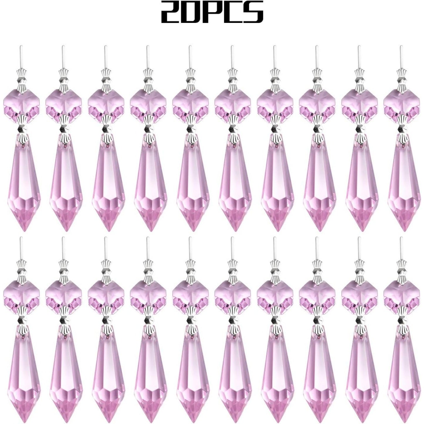 20 Pieces Chandelier Icicle Crystal U-Drop Prisms Lamp Parts Glass Pendants Beads for Wedding, Party or Holiday Decoration, 37mm, Pink