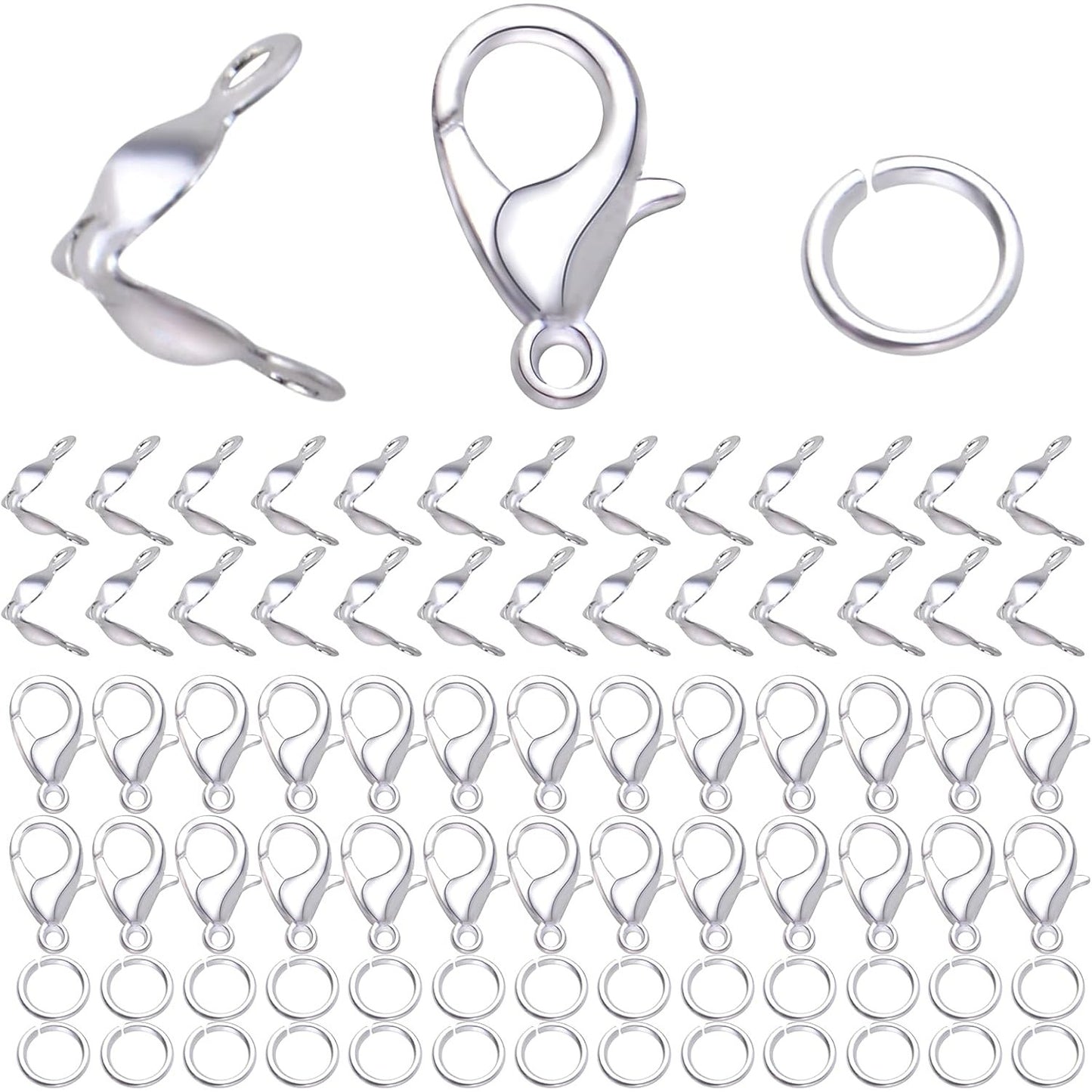 500pcs Silver Jewelry Making Accessories Set, 100pcs Lobster Claw Clasps, 200pcs Open Jump Rings Connectors and 200pcs Bead Tips Knot Covers for DIY Jewelry Crafts Making Findings