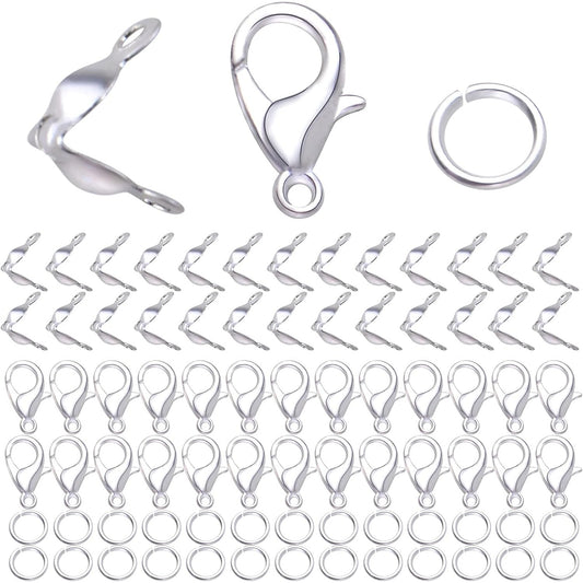 500pcs Silver Jewelry Making Accessories Set, 100pcs Lobster Claw Clasps, 200pcs Open Jump Rings Connectors and 200pcs Bead Tips Knot Covers for DIY Jewelry Crafts Making Findings