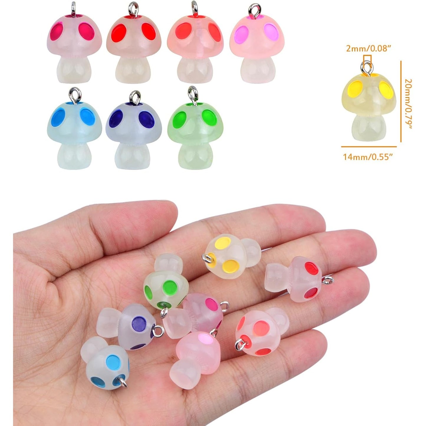 50pcs Luminous Mushroom Charms Resin Glow in The Dark Mushrooms Pendant Cute Mushroom Shape Charm Ornaments with Eye Pins for DIY Bracelet Necklace Earrings Jewelry Making, 8 Colors
